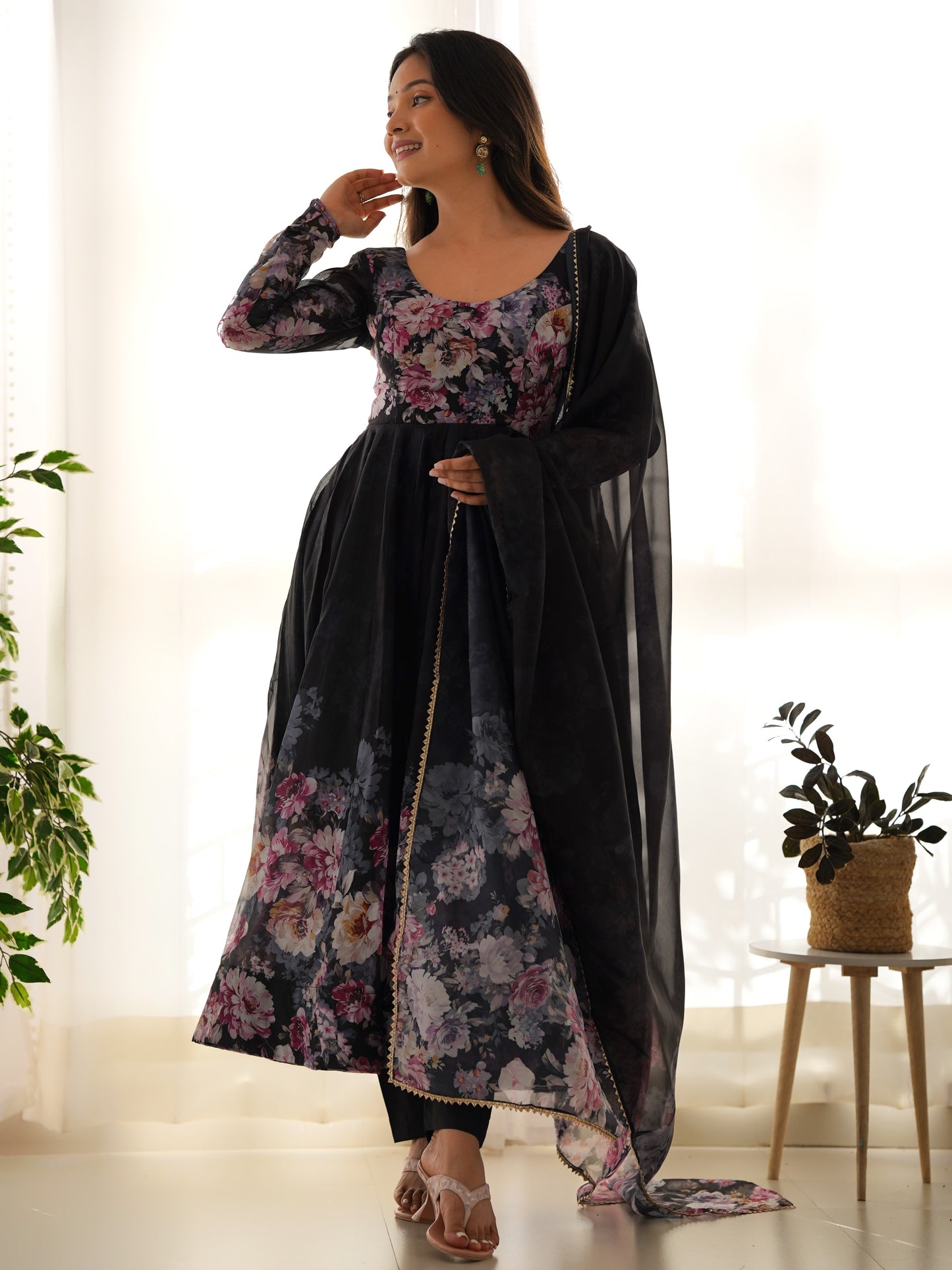 Gorgeous Black floral Printed Organza Anarkali Suit