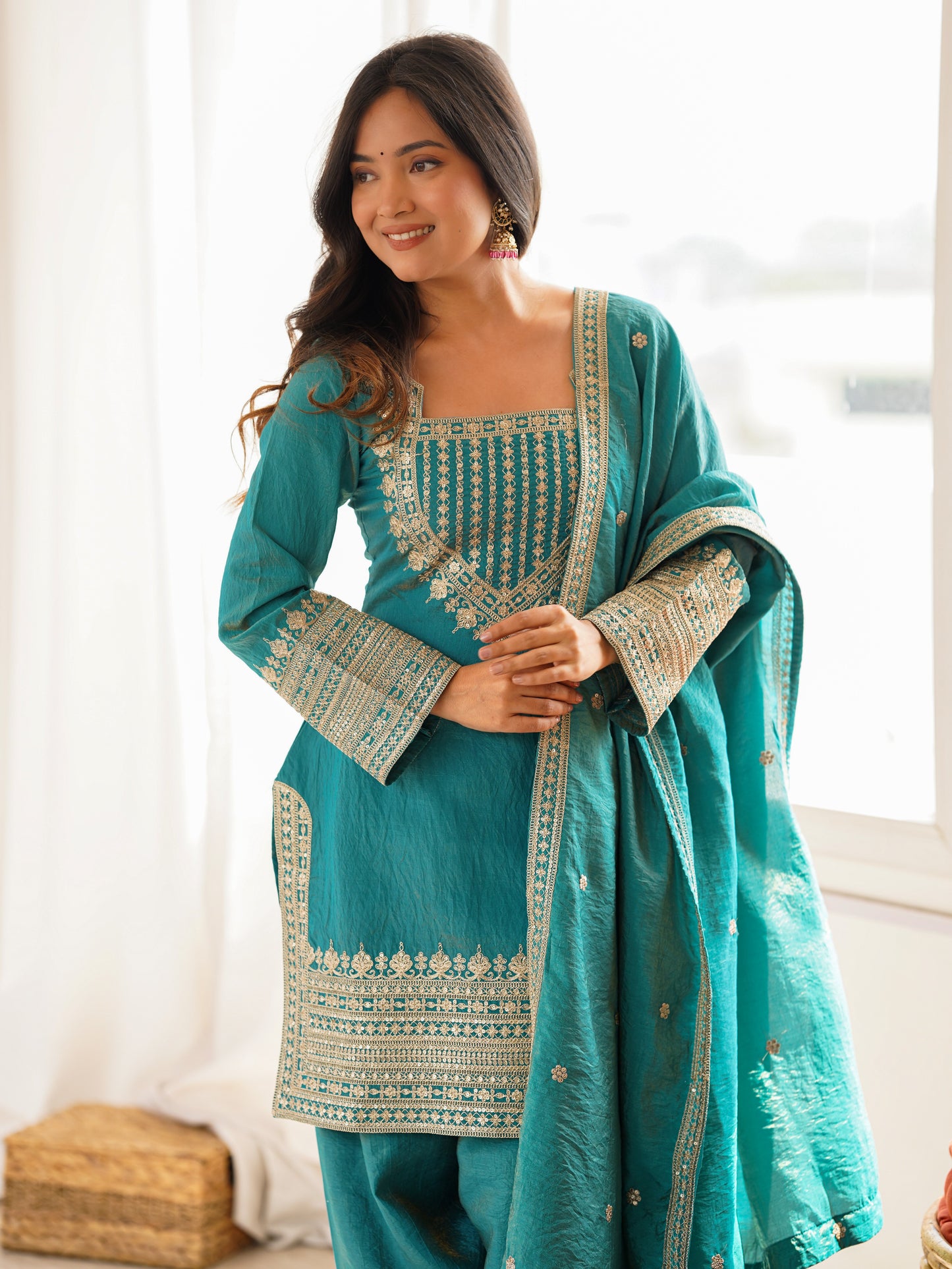 Incredible Sea Green Zari Work Silk Wedding Pant Suit