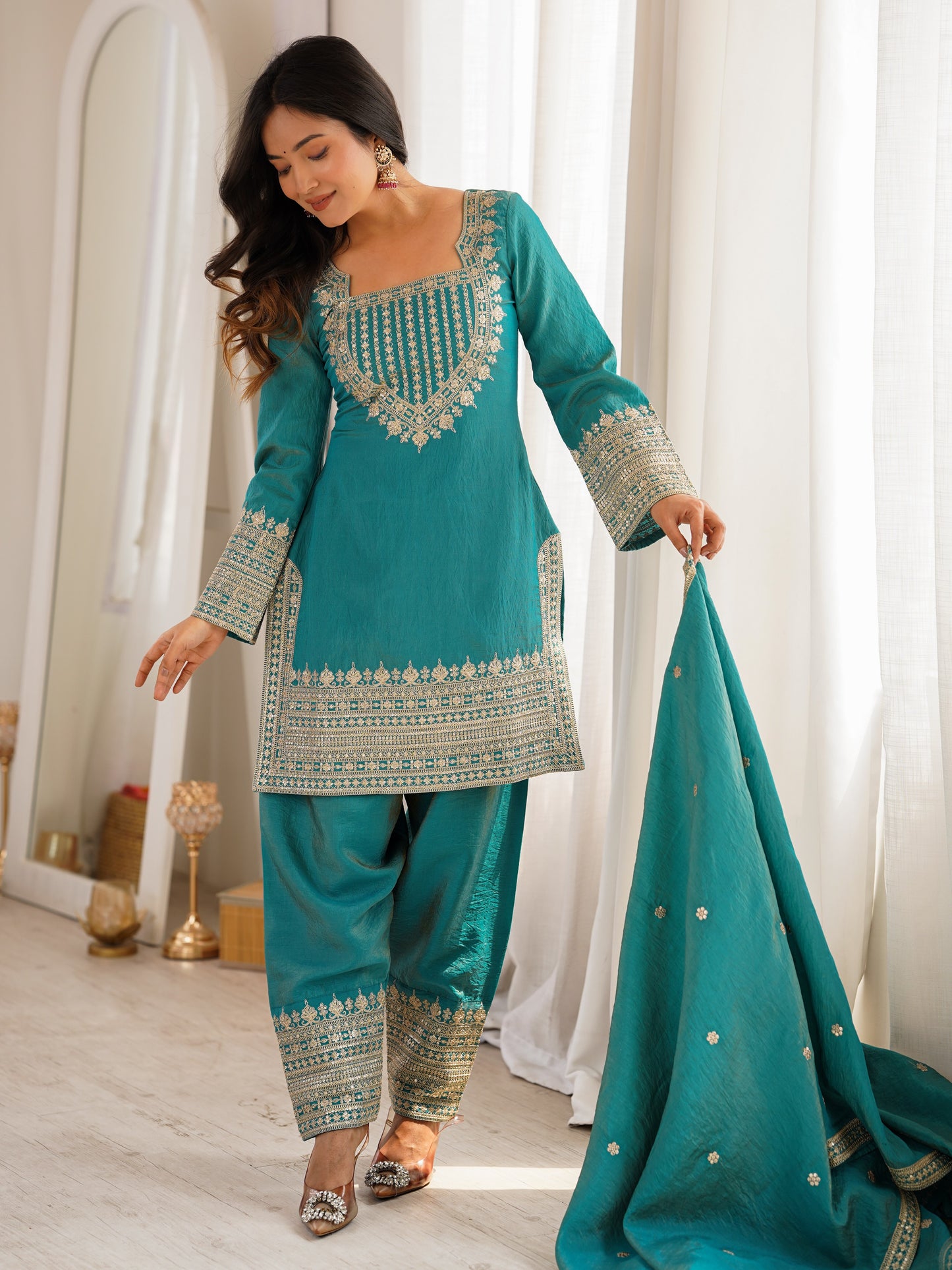 Incredible Sea Green Zari Work Silk Wedding Pant Suit