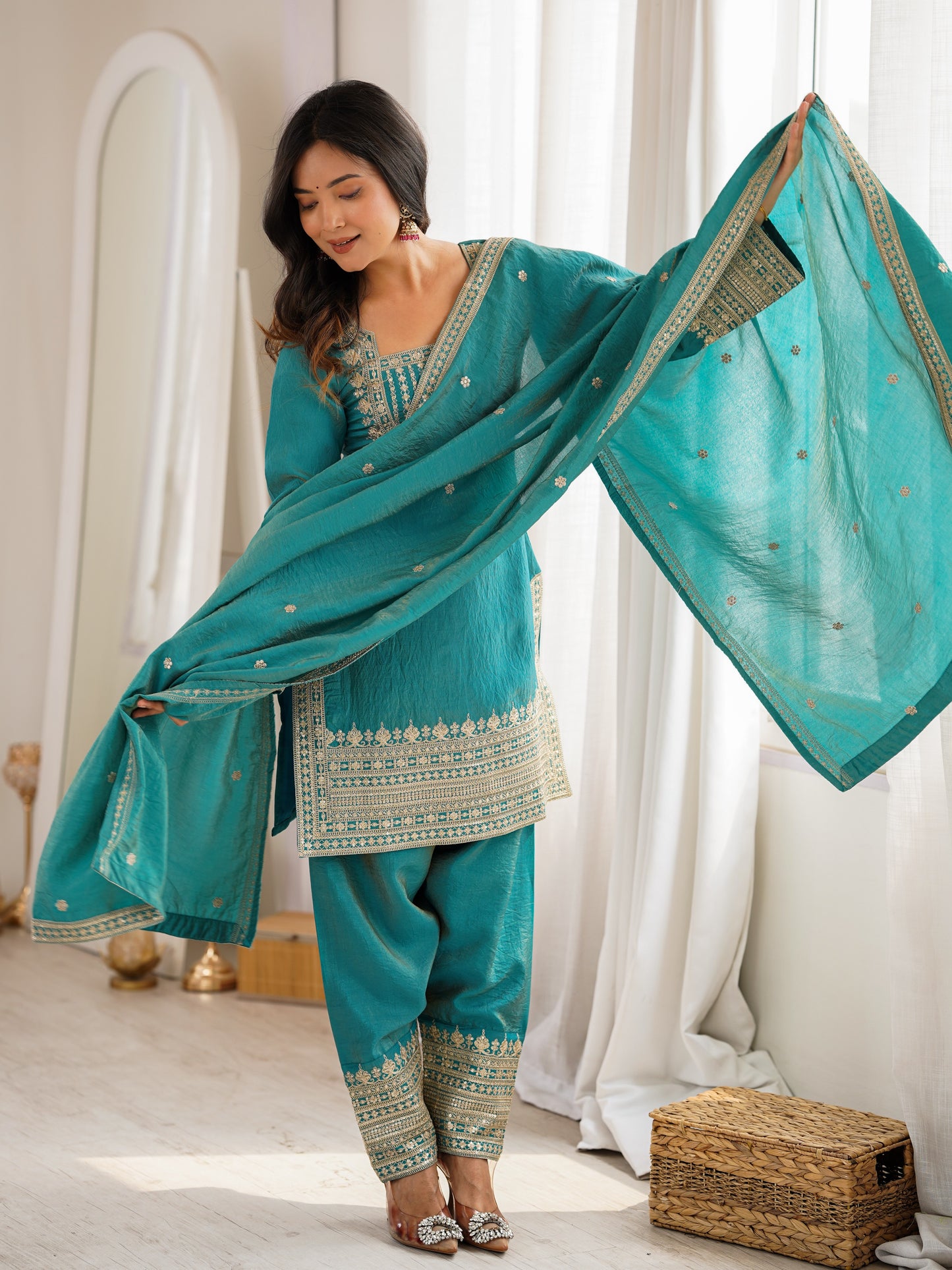 Incredible Sea Green Zari Work Silk Wedding Pant Suit