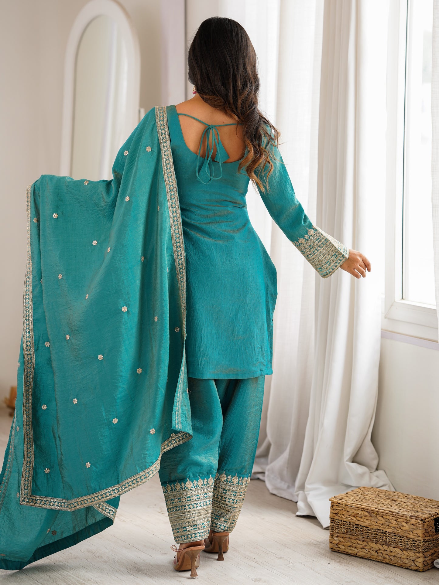 Incredible Sea Green Zari Work Silk Wedding Pant Suit