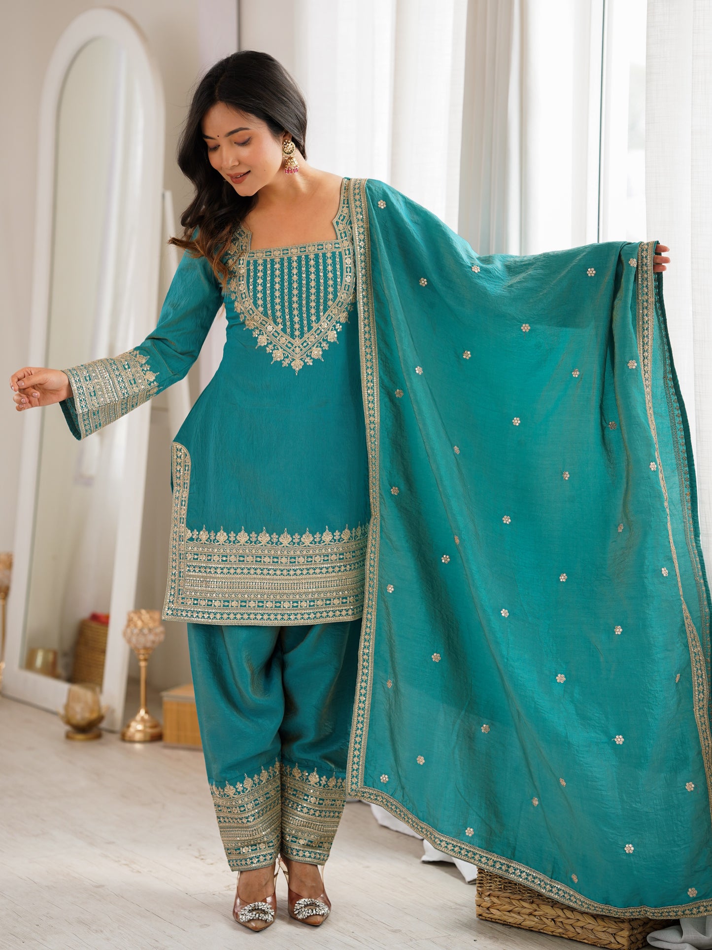 Incredible Sea Green Zari Work Silk Wedding Pant Suit