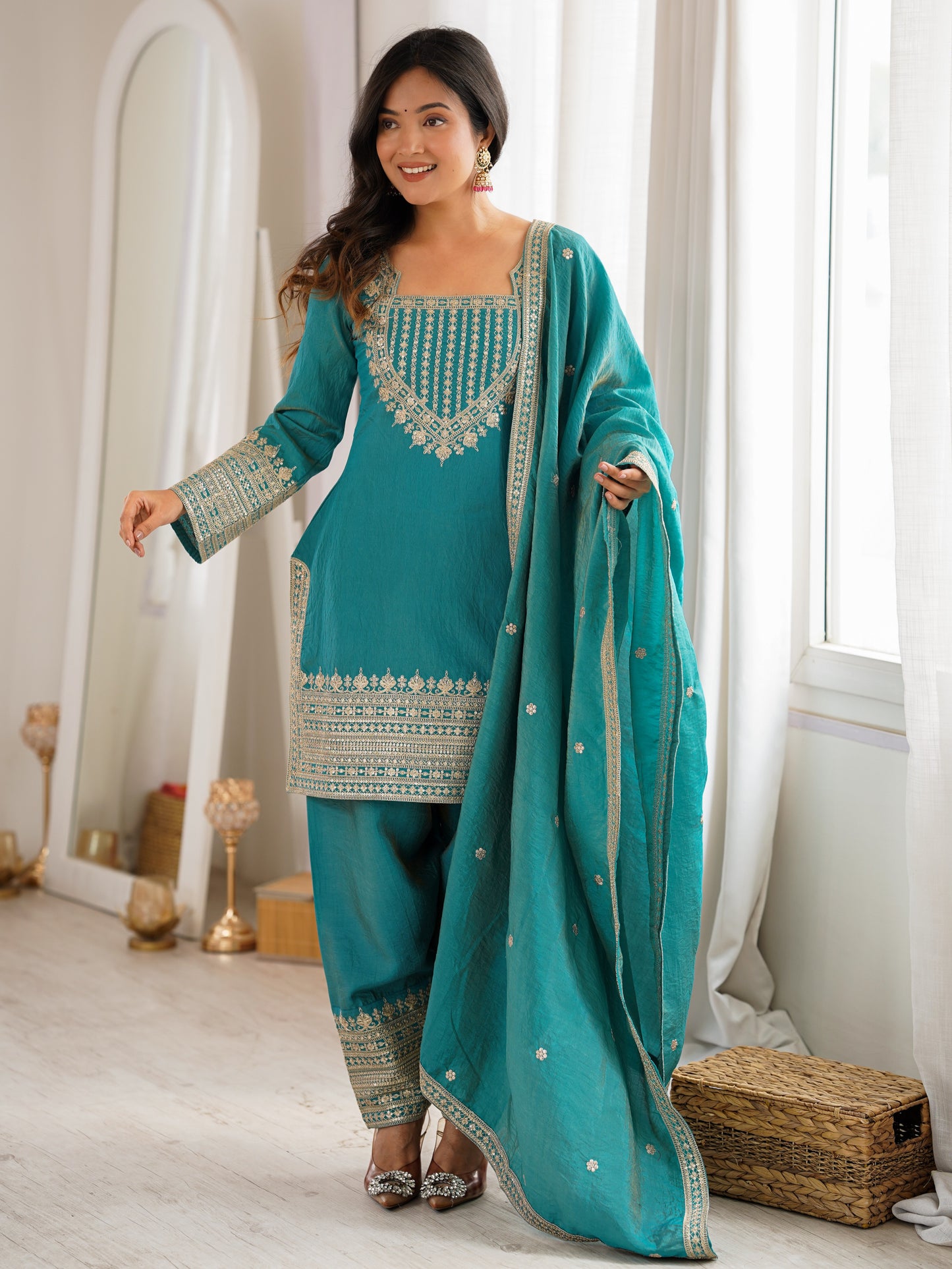 Incredible Sea Green Zari Work Silk Wedding Pant Suit