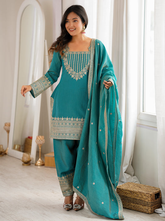Incredible Sea Green Zari Work Silk Wedding Pant Suit