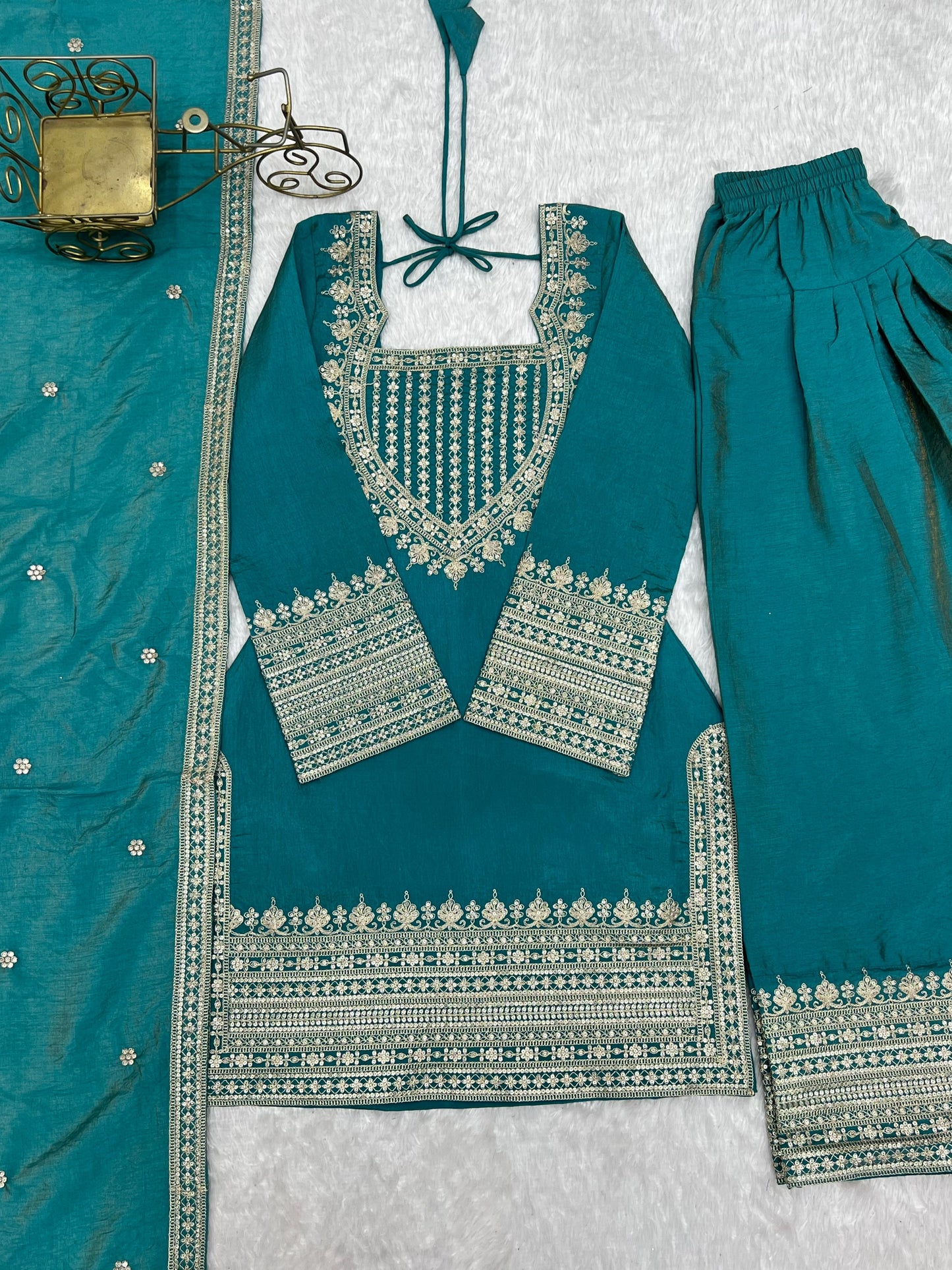 Incredible Sea Green Zari Work Silk Wedding Pant Suit