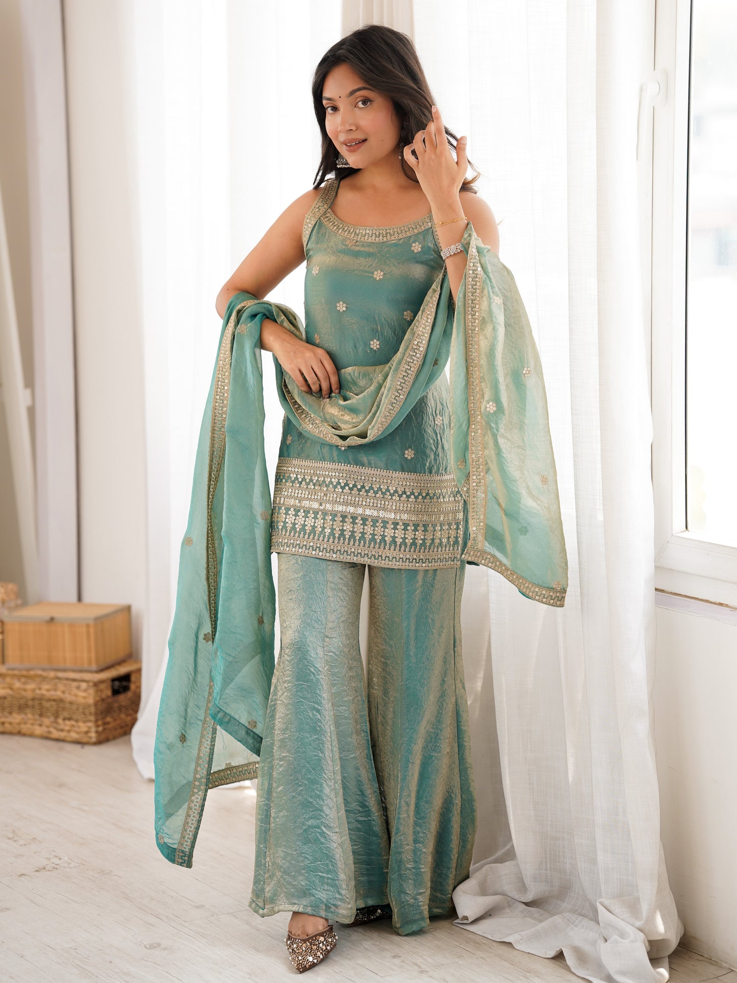 Gorgeous Sea Green Embroidery Silk Engagement Palazzo Suit