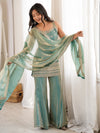 Gorgeous Sea Green Embroidery Silk Engagement Palazzo Suit