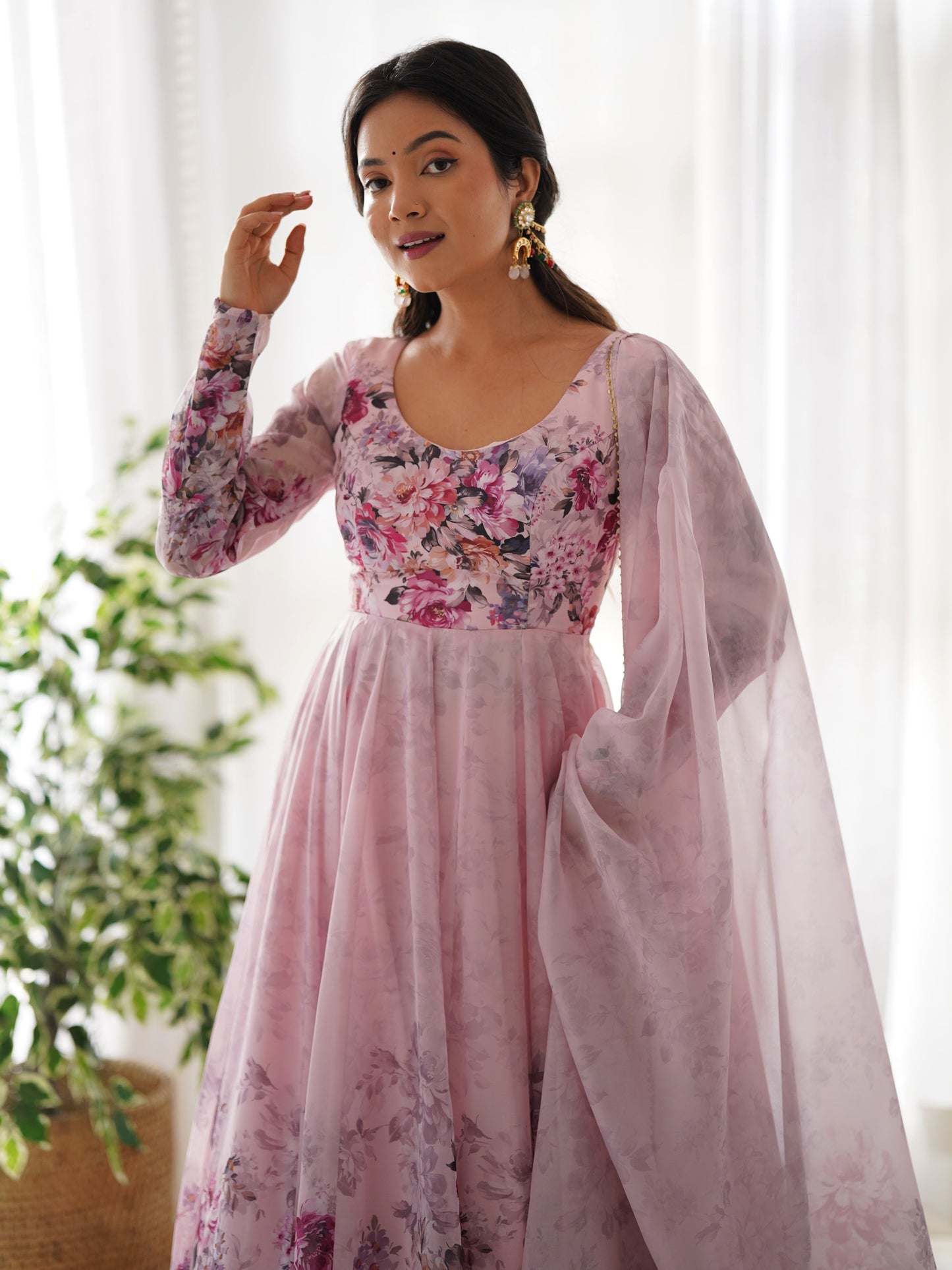 Marvelous Baby Pink floral Printed Organza Anarkali Suit