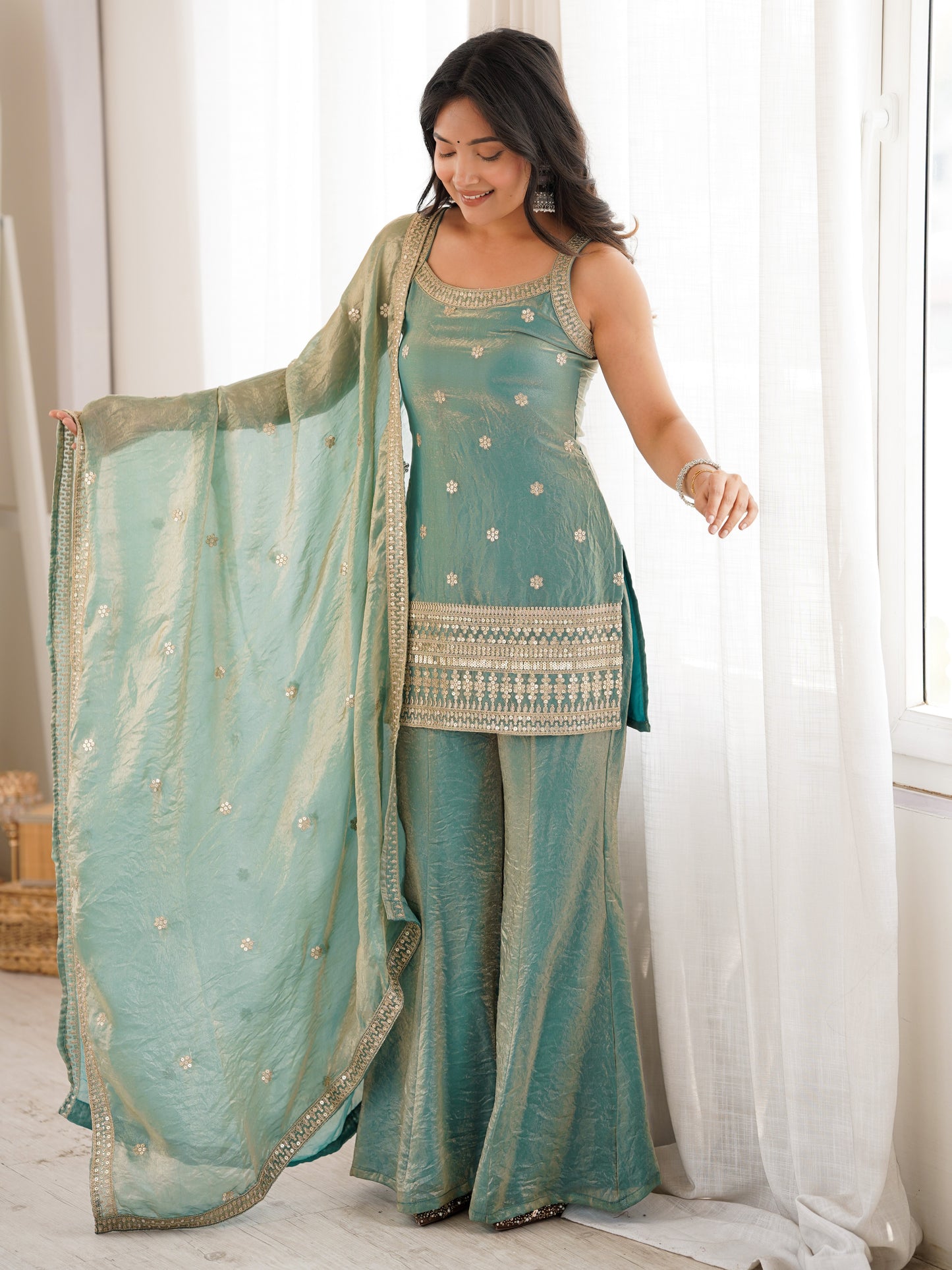 Gorgeous Sea Green Embroidery Silk Engagement Palazzo Suit