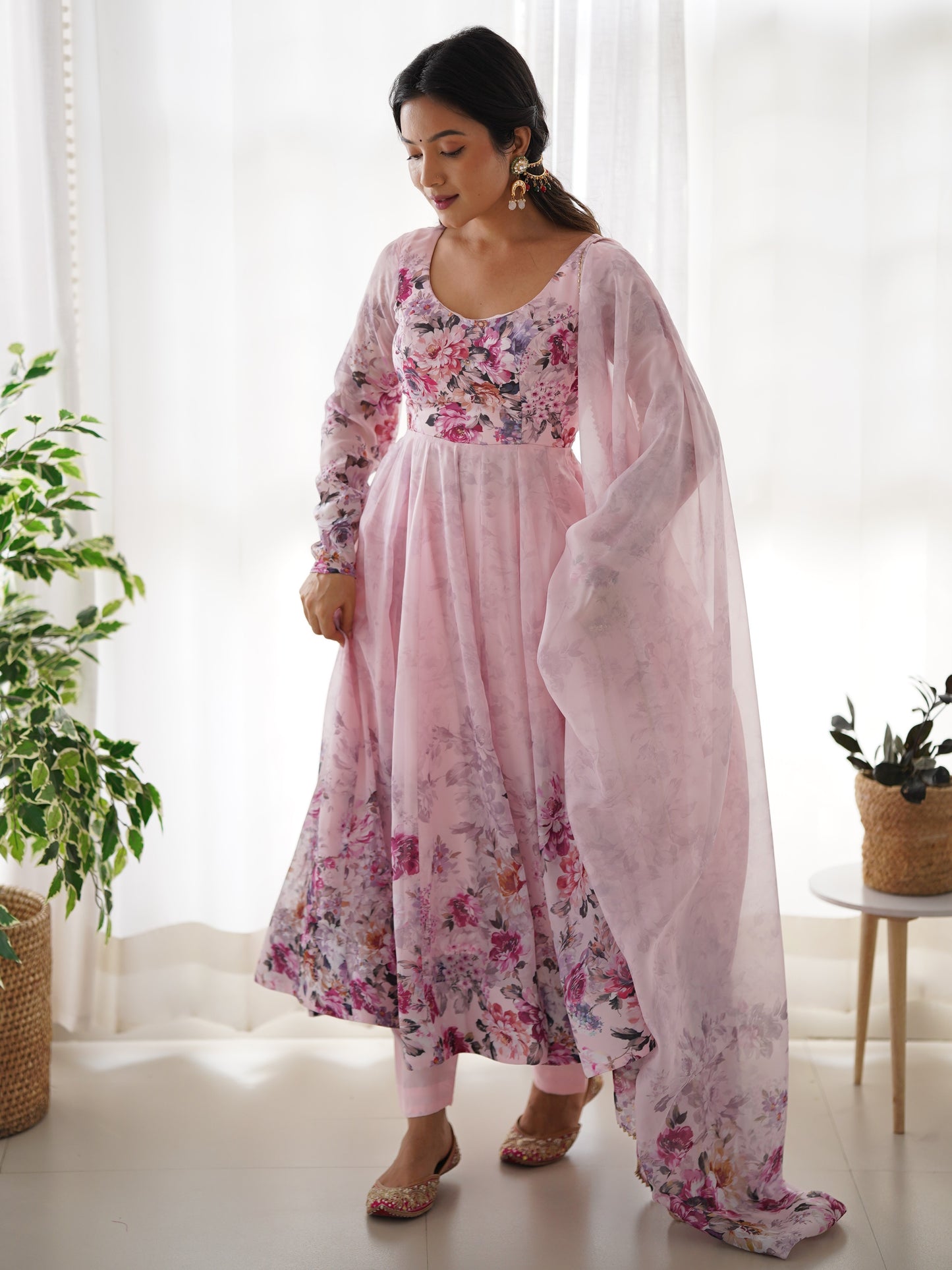 Marvelous Baby Pink floral Printed Organza Anarkali Suit
