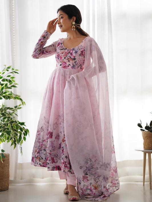 Marvelous Baby Pink floral Printed Organza Anarkali Suit