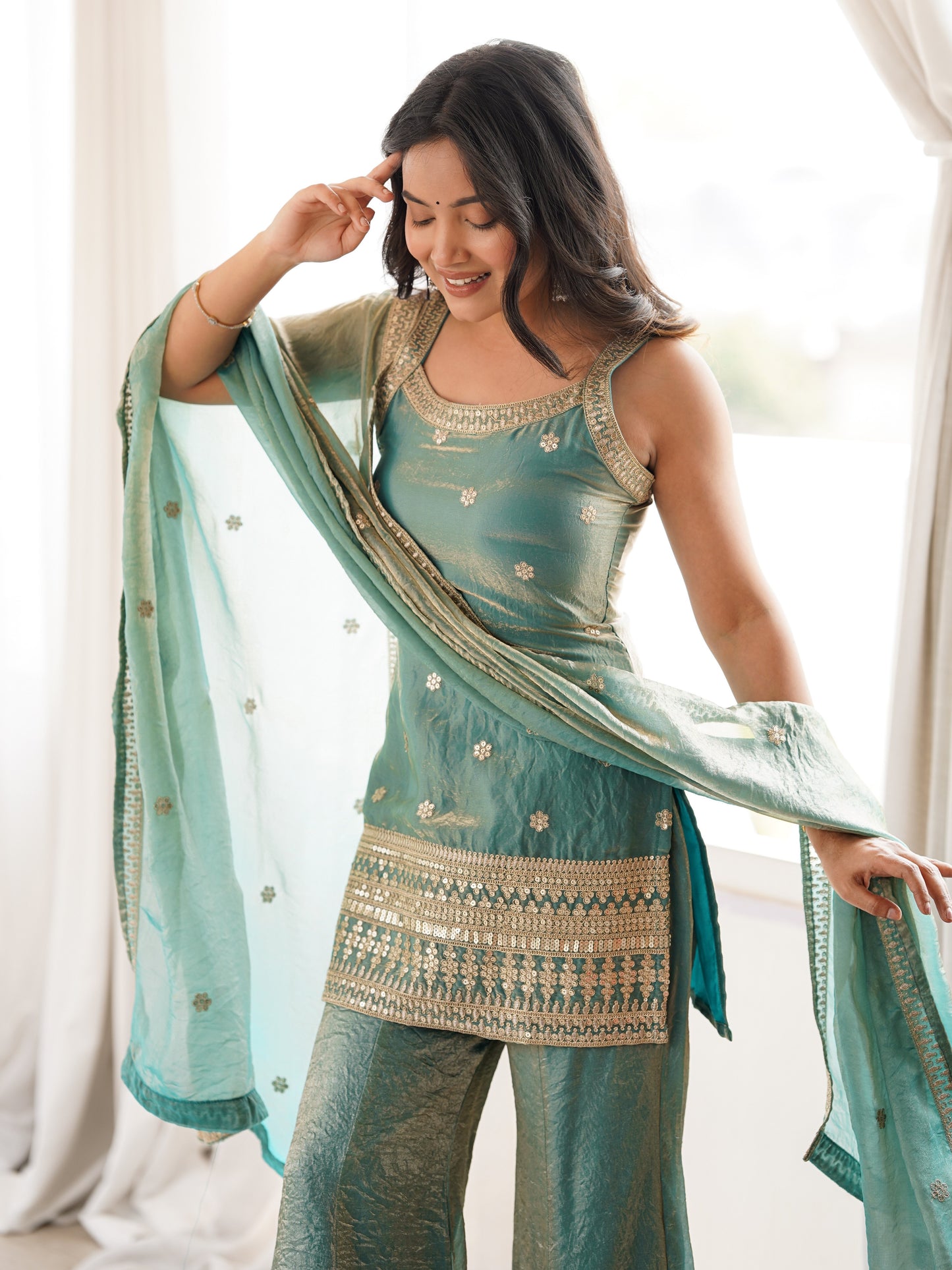 Gorgeous Sea Green Embroidery Silk Engagement Palazzo Suit