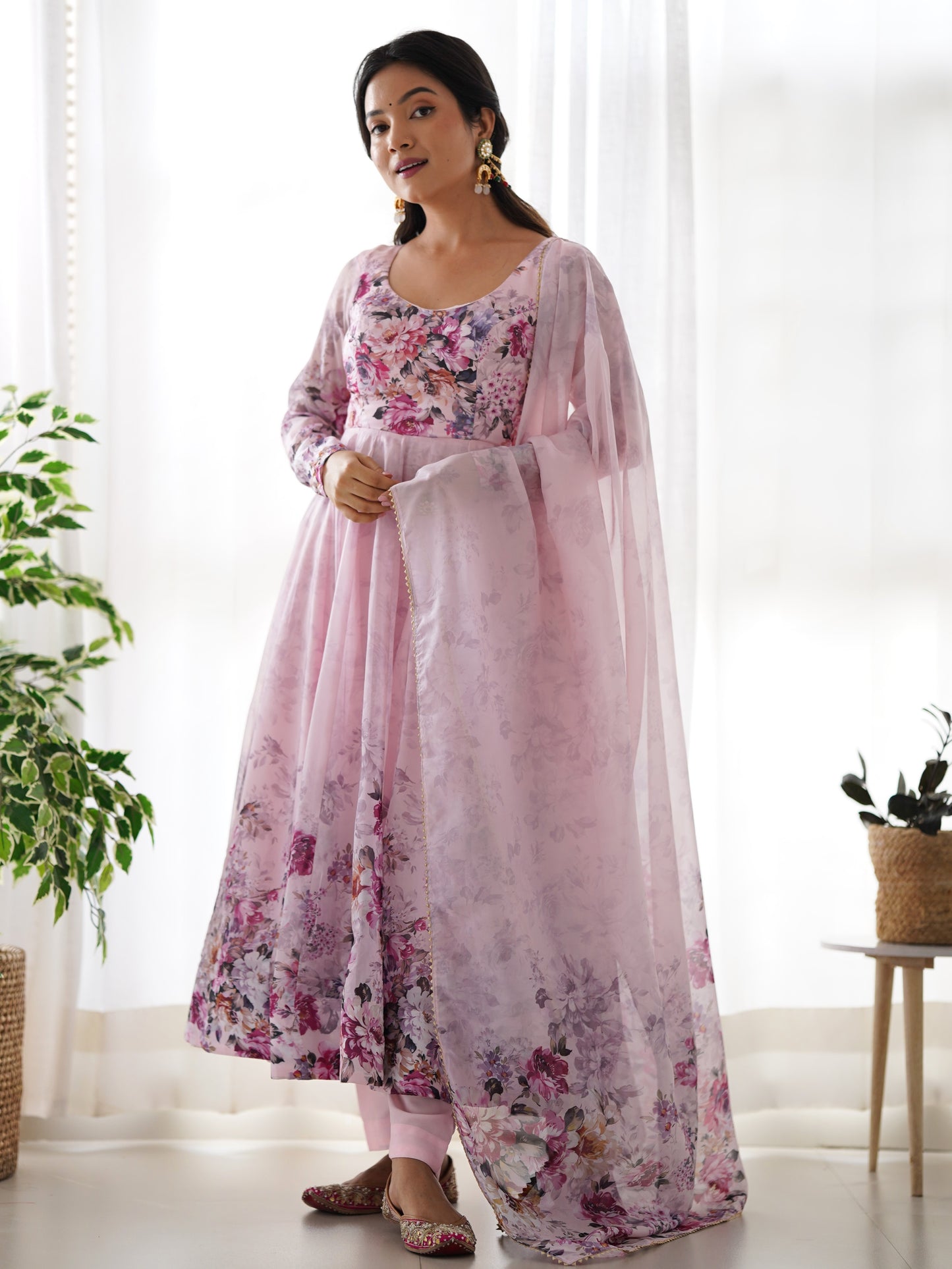 Marvelous Baby Pink floral Printed Organza Anarkali Suit