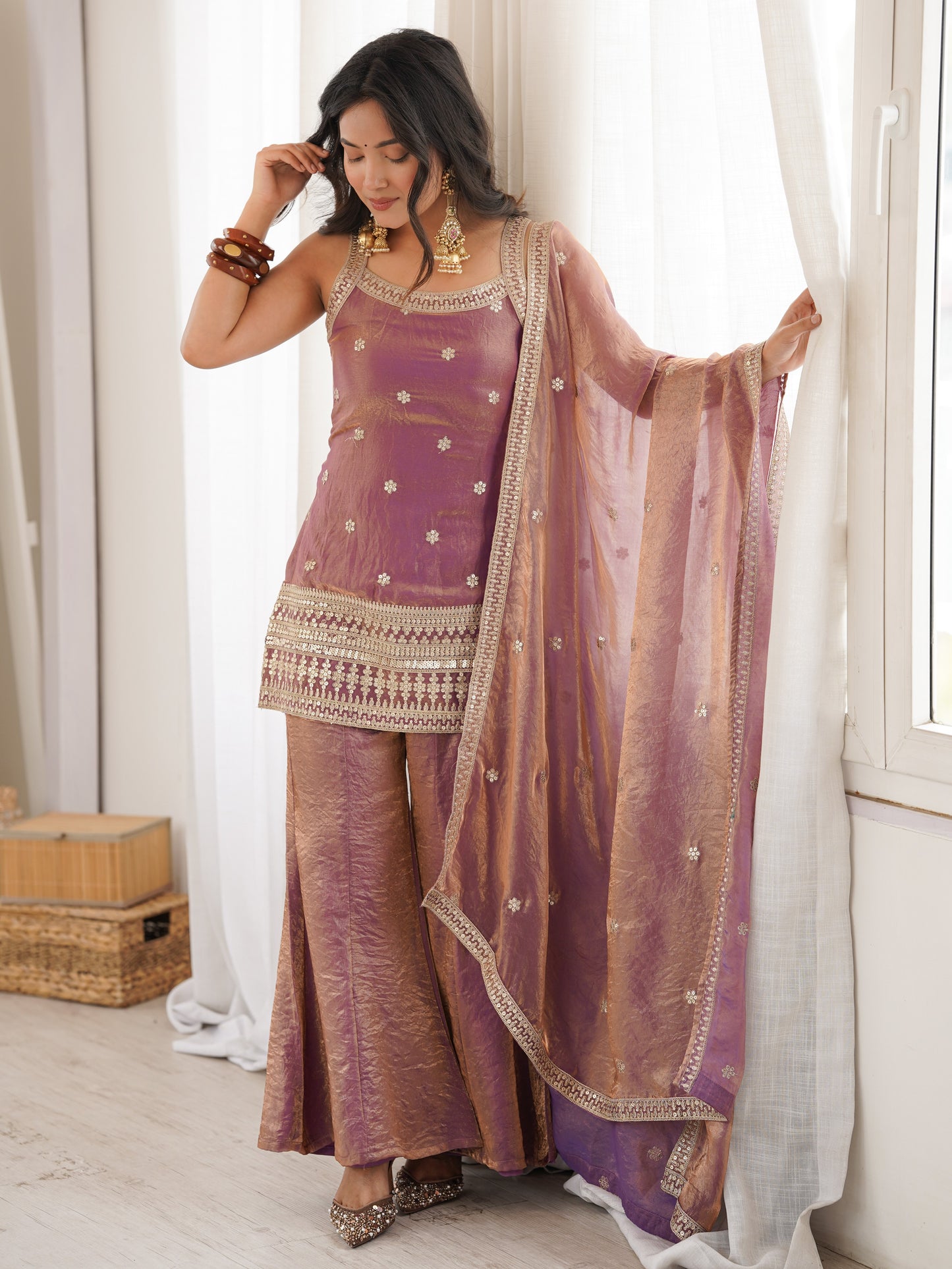 Fabulous Purple Embroidery Silk Bollywood Palazzo Suit