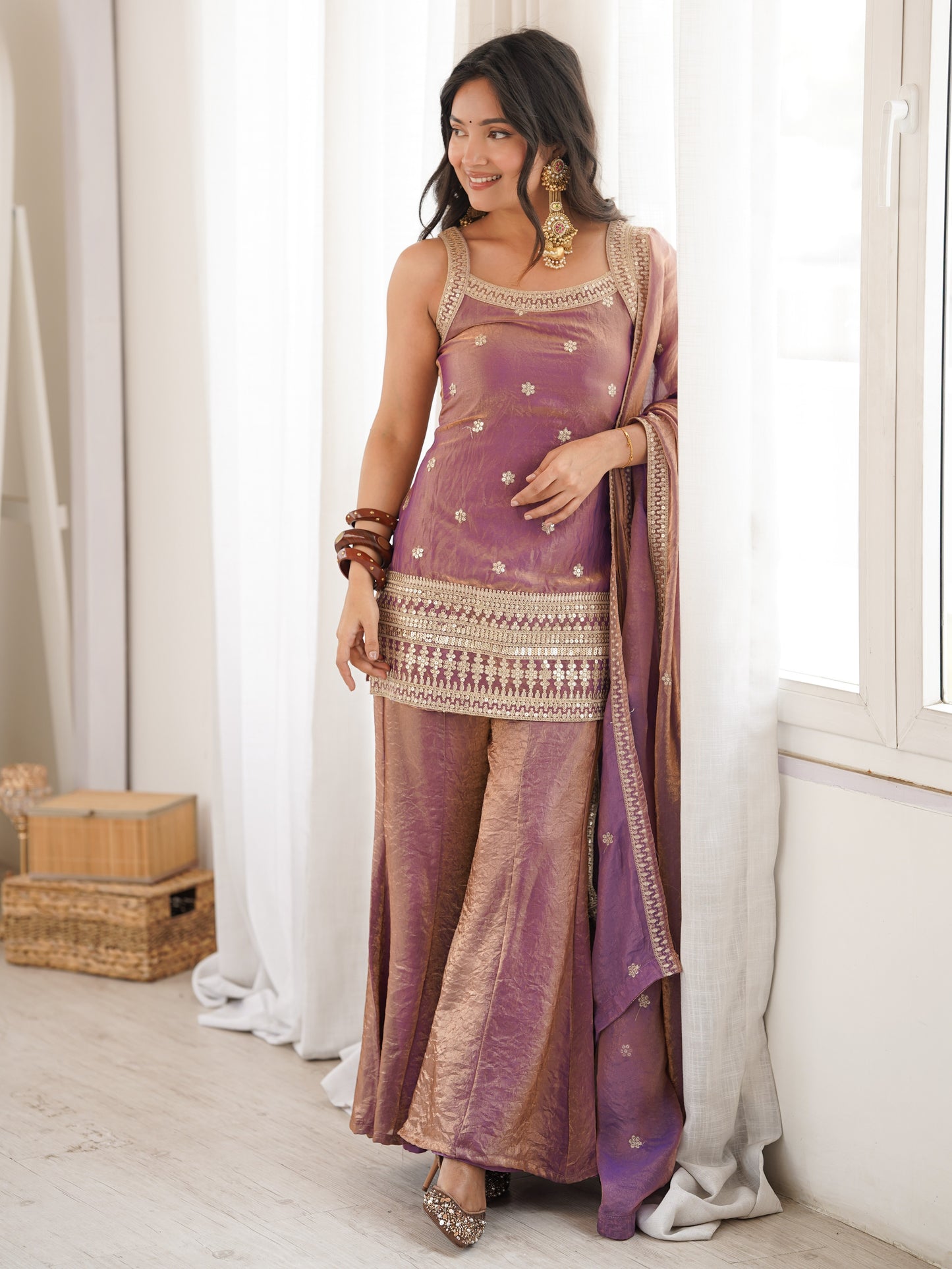 Fabulous Purple Embroidery Silk Bollywood Palazzo Suit