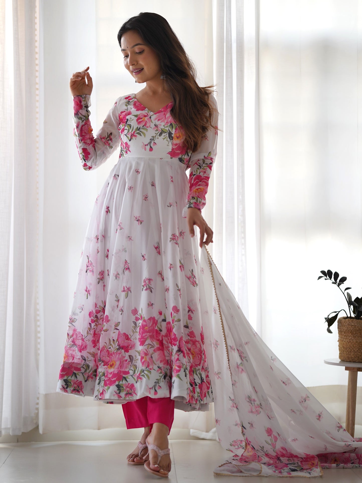 Impressive White Floral Printed Organza Festive Anarkali Suit