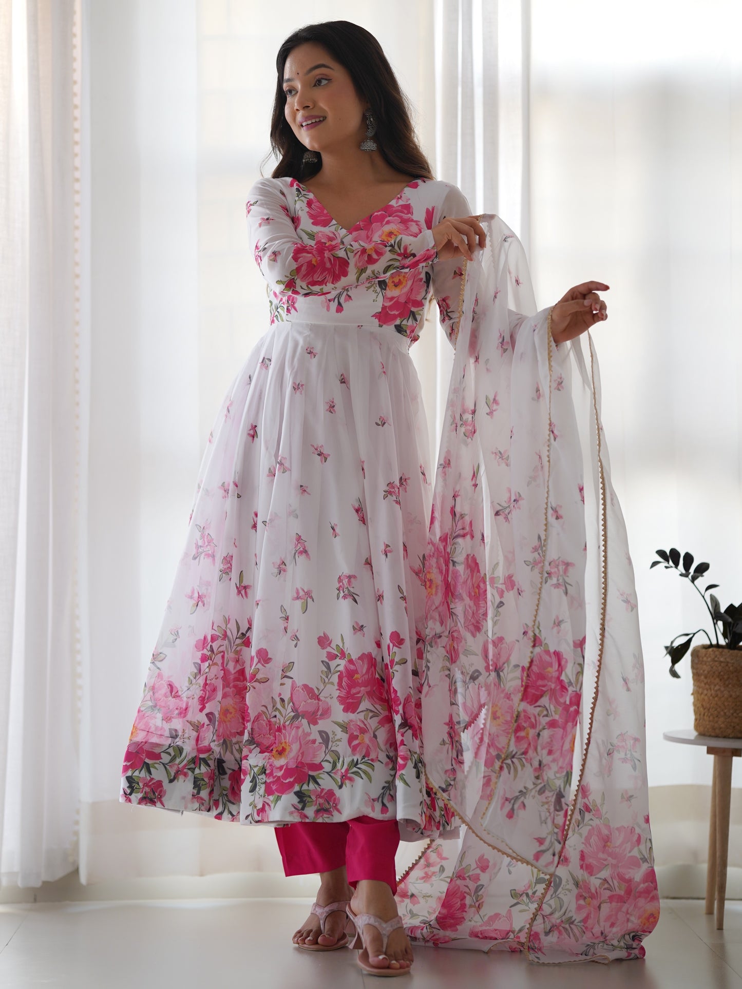 Impressive White Floral Printed Organza Festive Anarkali Suit