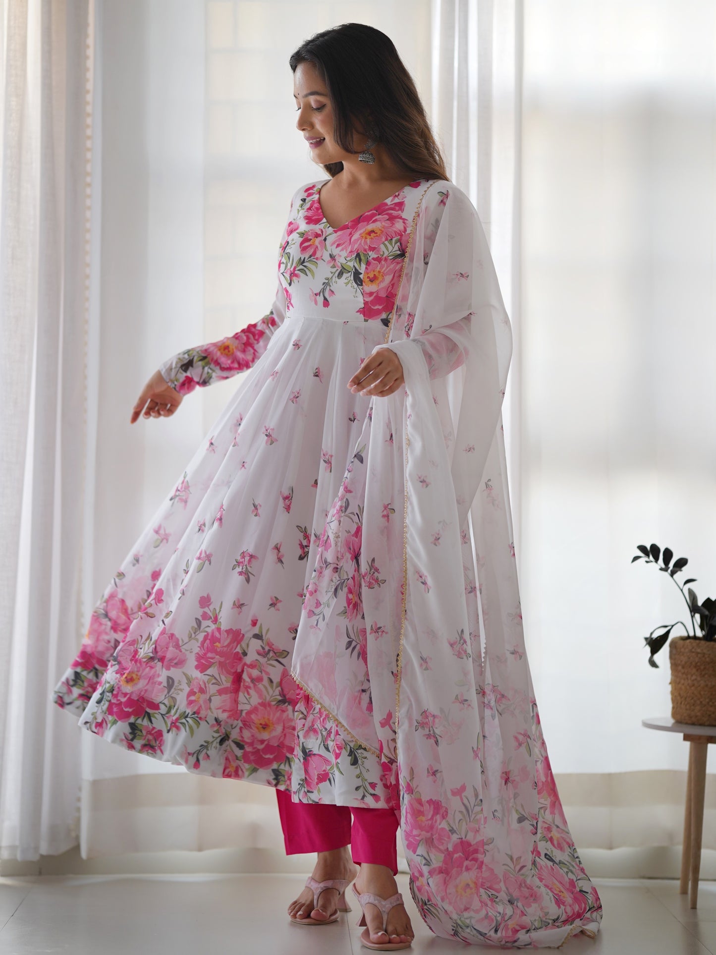 Impressive White Floral Printed Organza Festive Anarkali Suit