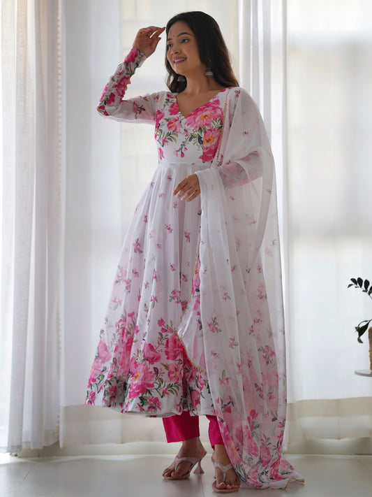 Impressive White Floral Printed Organza Festive Anarkali Suit