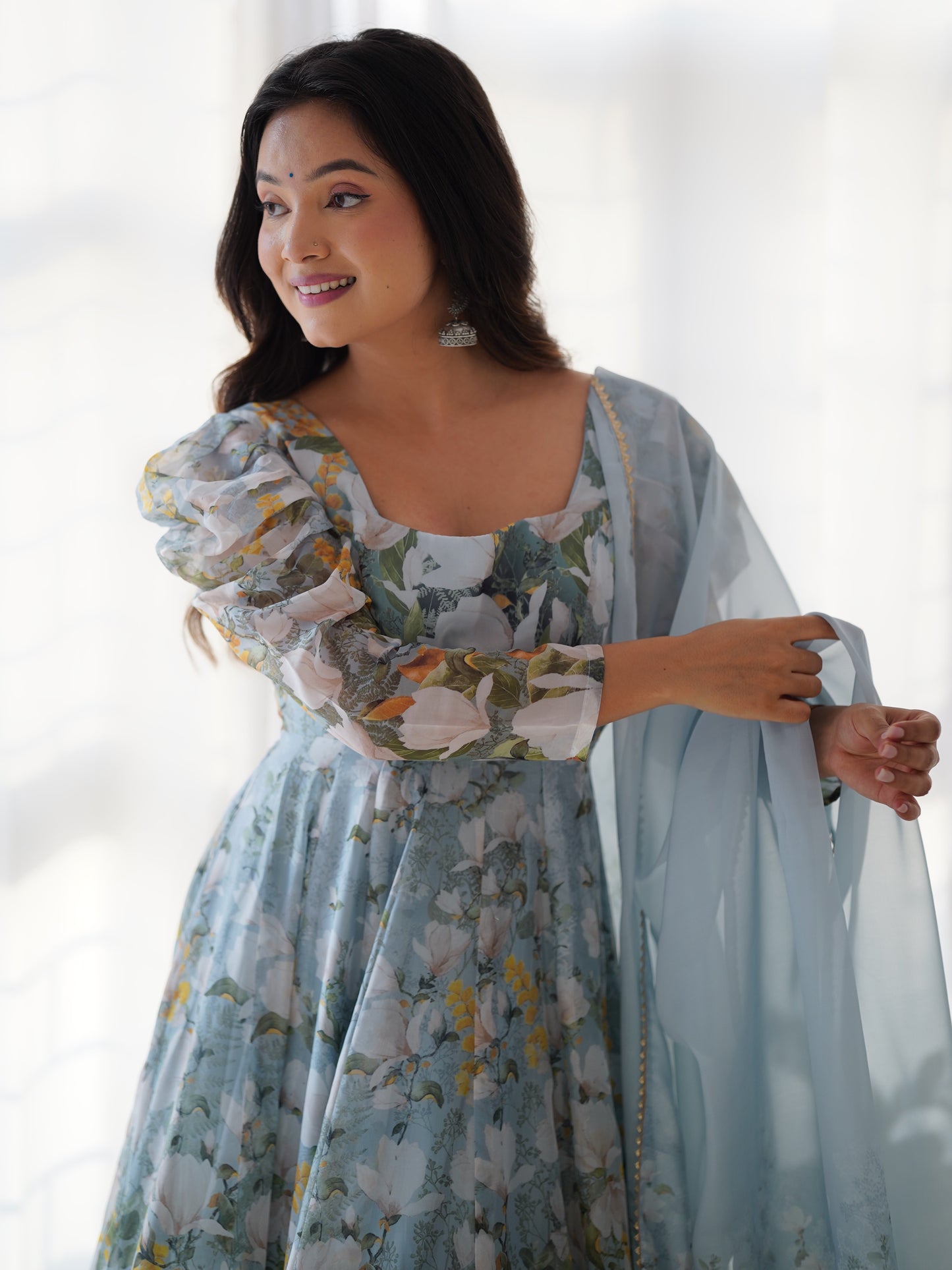 Beautiful Green Floral Printed Organza Designer Anarkali Suit