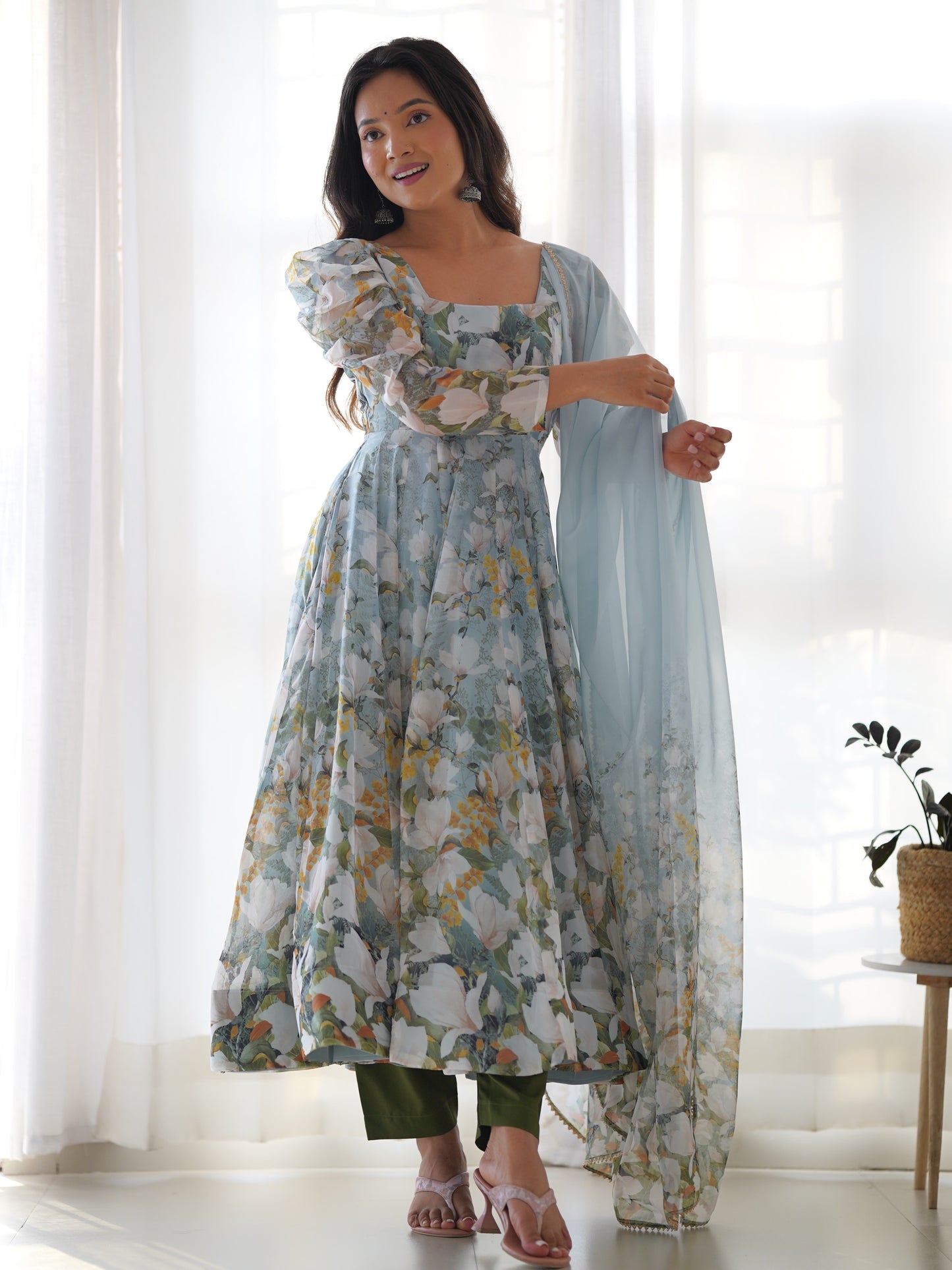 Beautiful Green Floral Printed Organza Designer Anarkali Suit