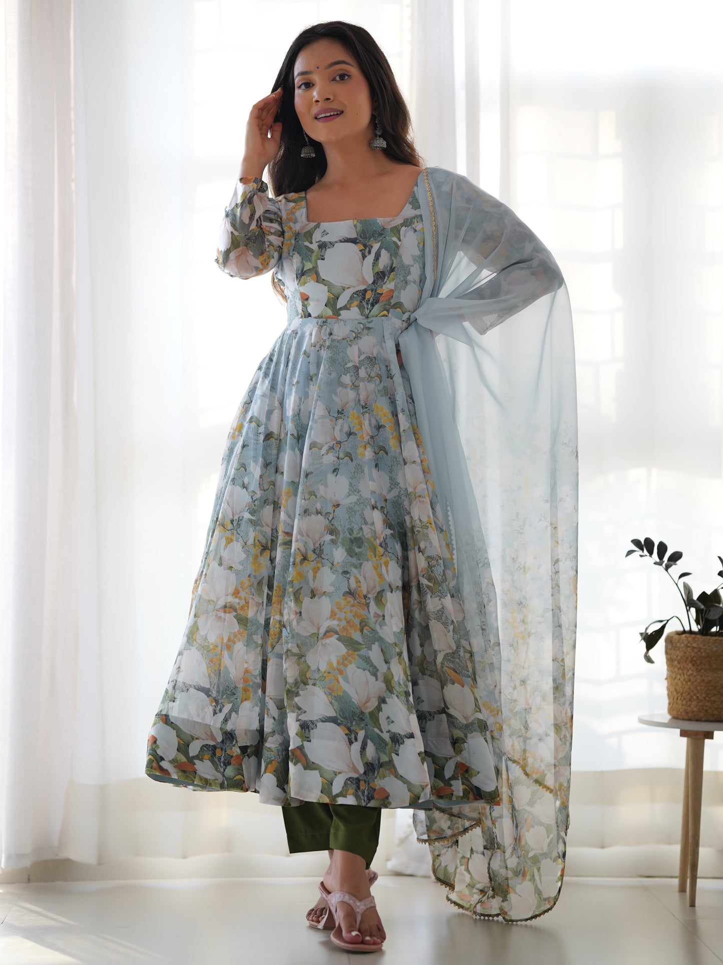 Beautiful Green Floral Printed Organza Designer Anarkali Suit
