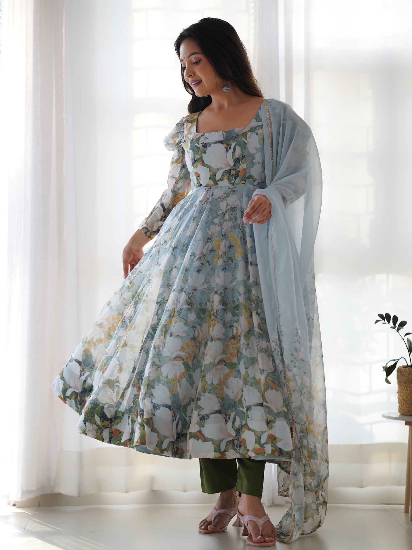 Beautiful Green Floral Printed Organza Designer Anarkali Suit