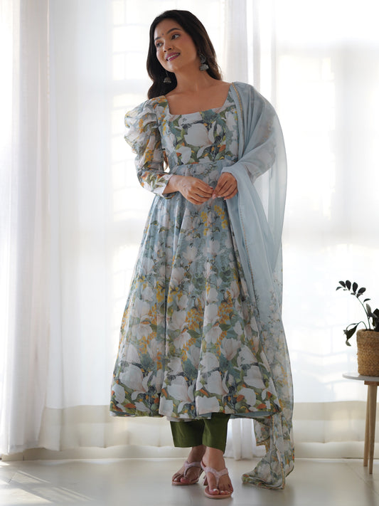 Beautiful Green Floral Printed Organza Designer Anarkali Suit