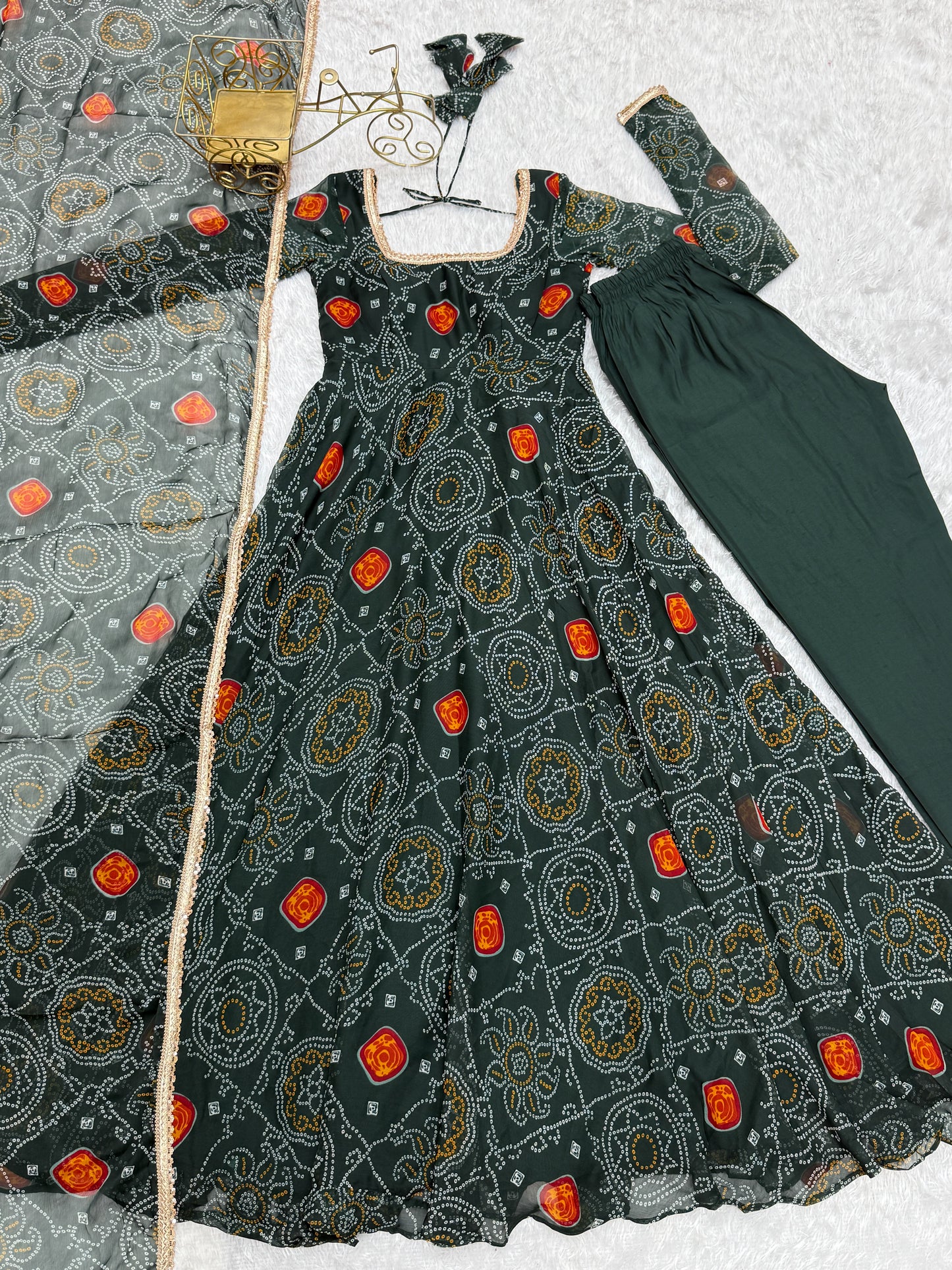 Marvelous Green Bandhani Printed Chiffon Navratri Anarkali Gown