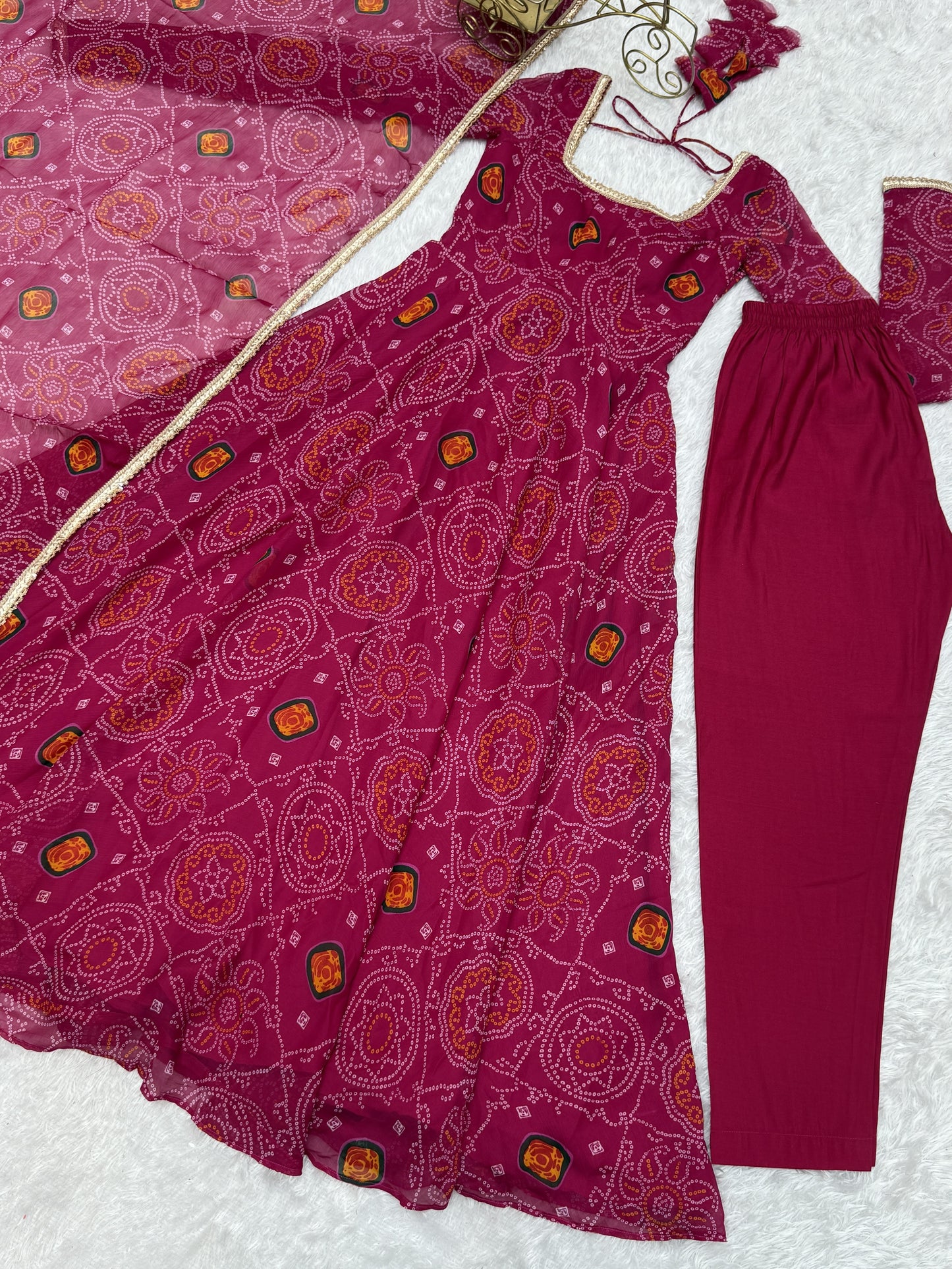 Wonderful Pink Bandhani Printed Chiffon Festival Anarkali Gown