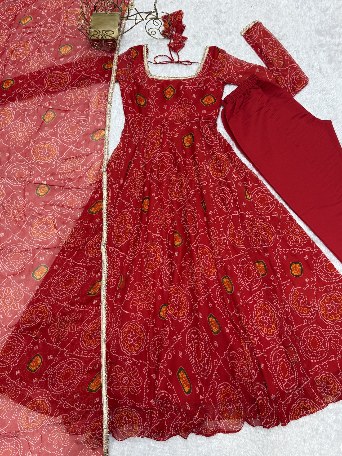Enchanting Red Bandhani Printed Chiffon Navratri Anarkali Gown