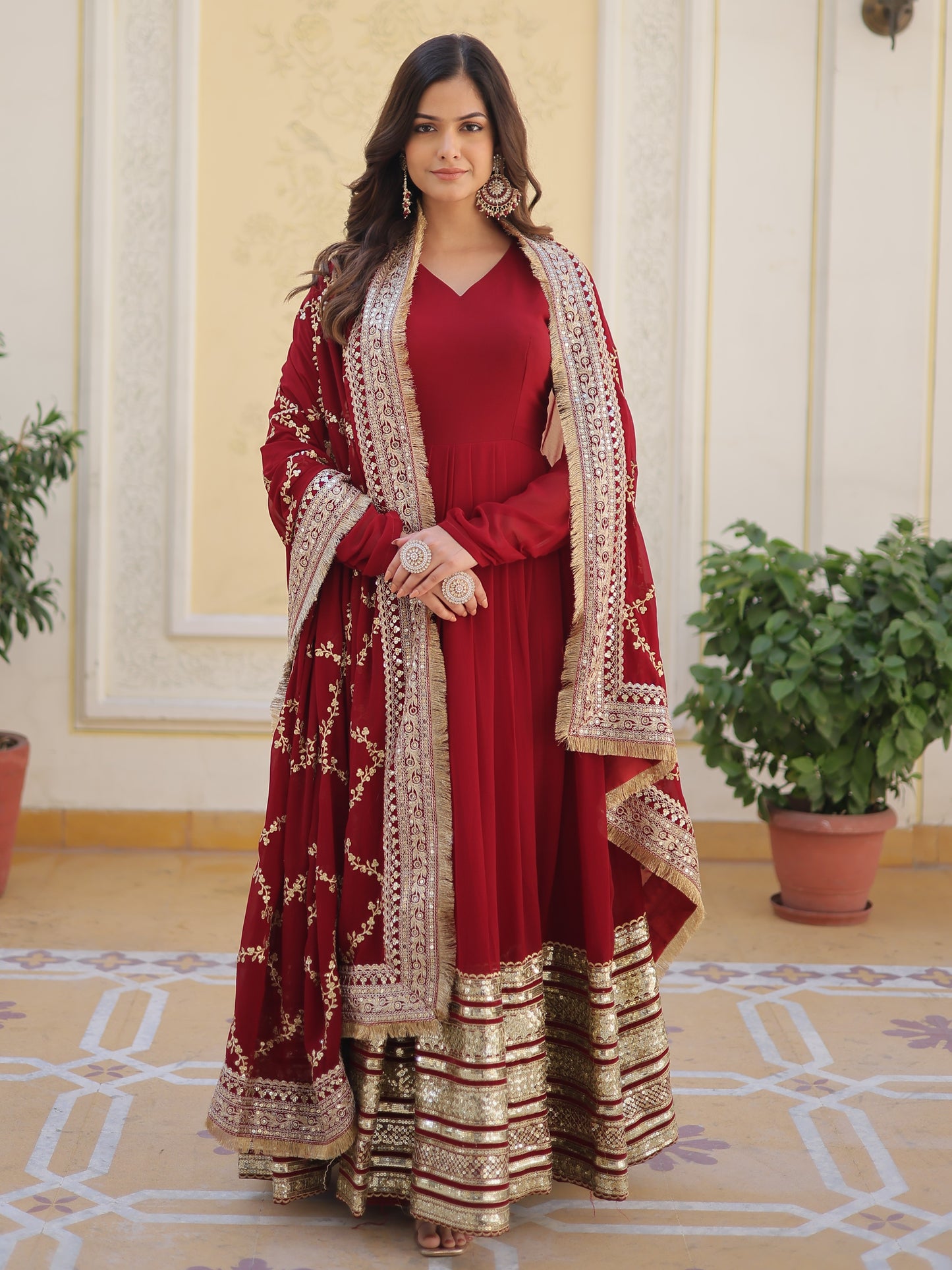 Spectacular Maroon Zari Work Georgette Designer Gown