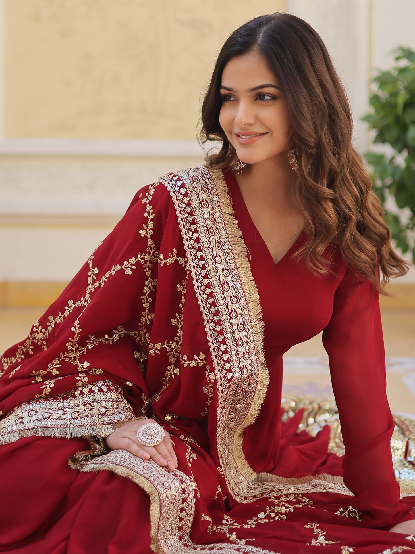 Spectacular Maroon Zari Work Georgette Designer Gown