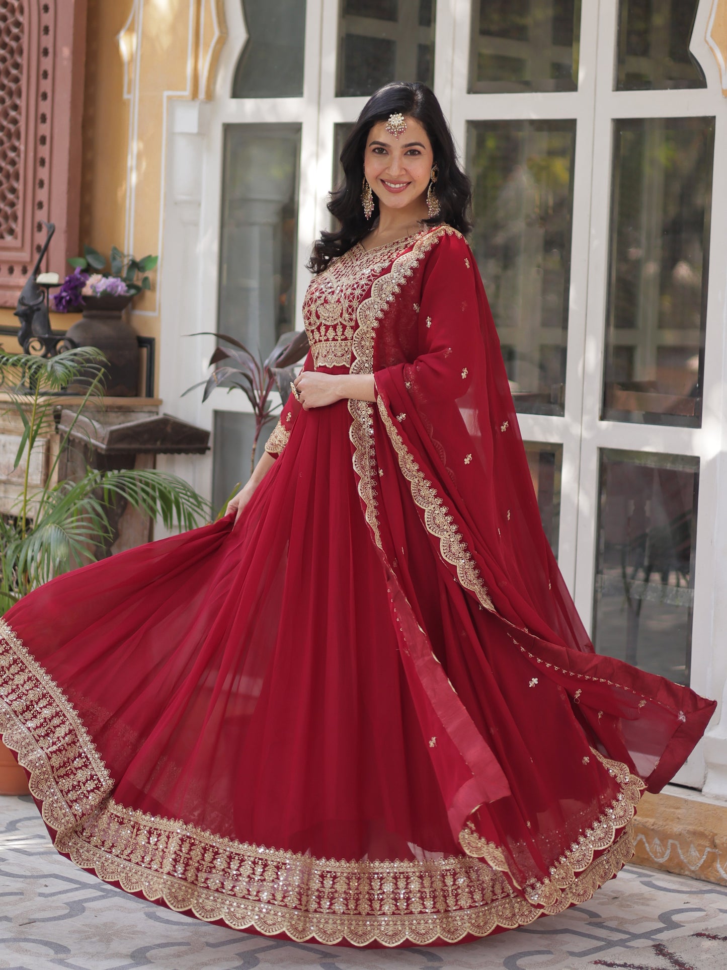 Alluring Red Zari Work Georgette Wedding Gown