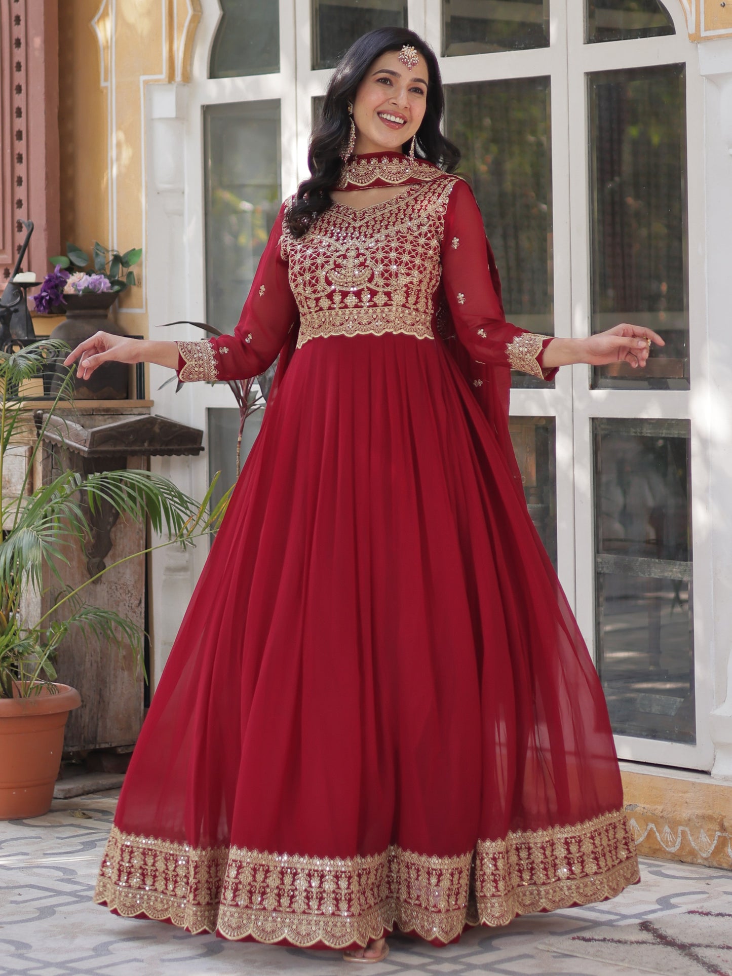 Alluring Red Zari Work Georgette Wedding Gown