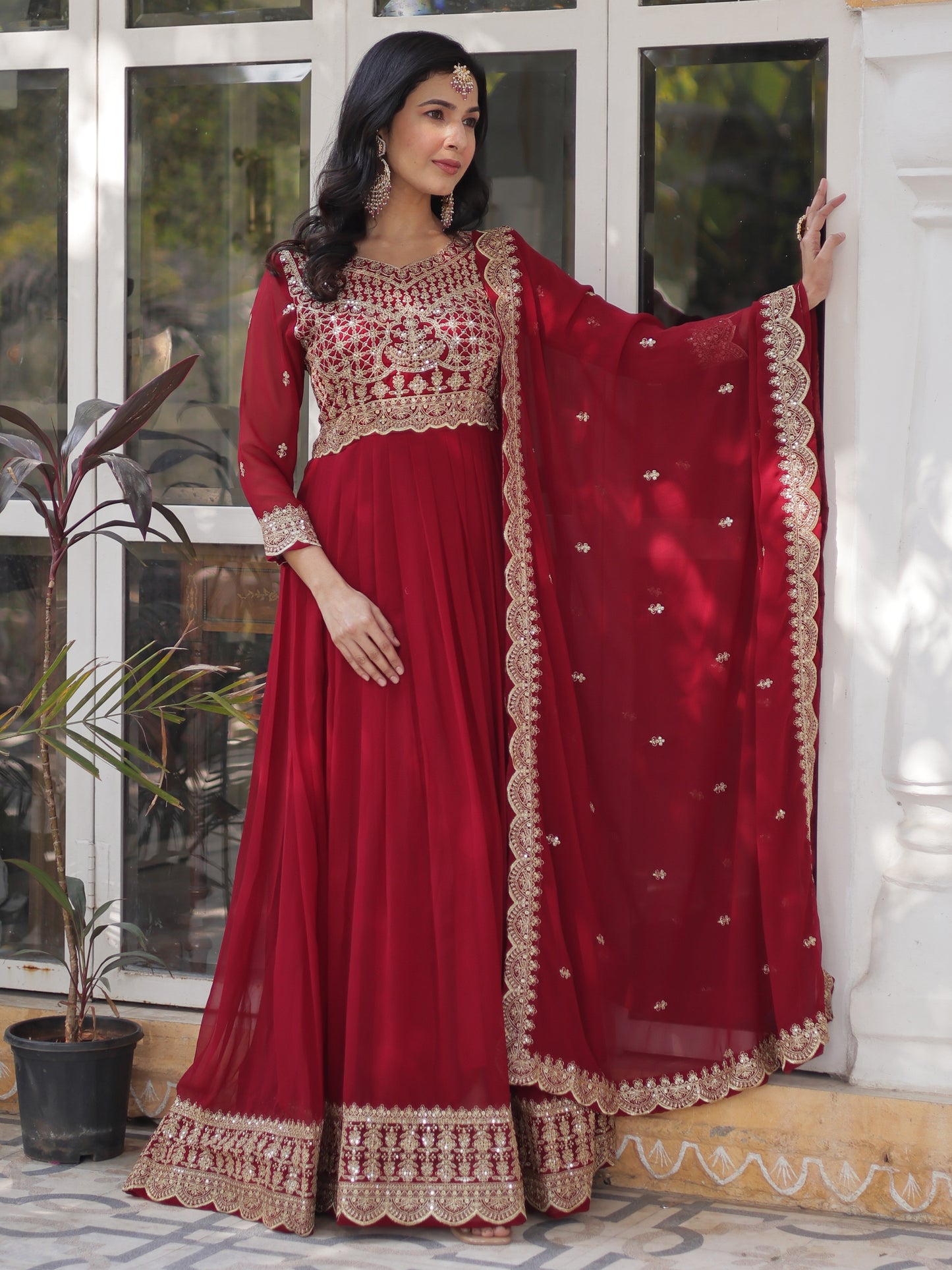 Alluring Red Zari Work Georgette Wedding Gown