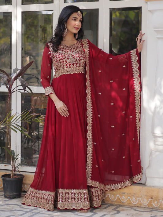 Alluring Red Zari Work Georgette Wedding Gown