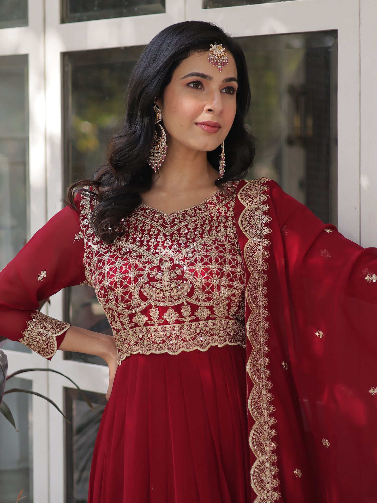 Alluring Red Zari Work Georgette Wedding Gown