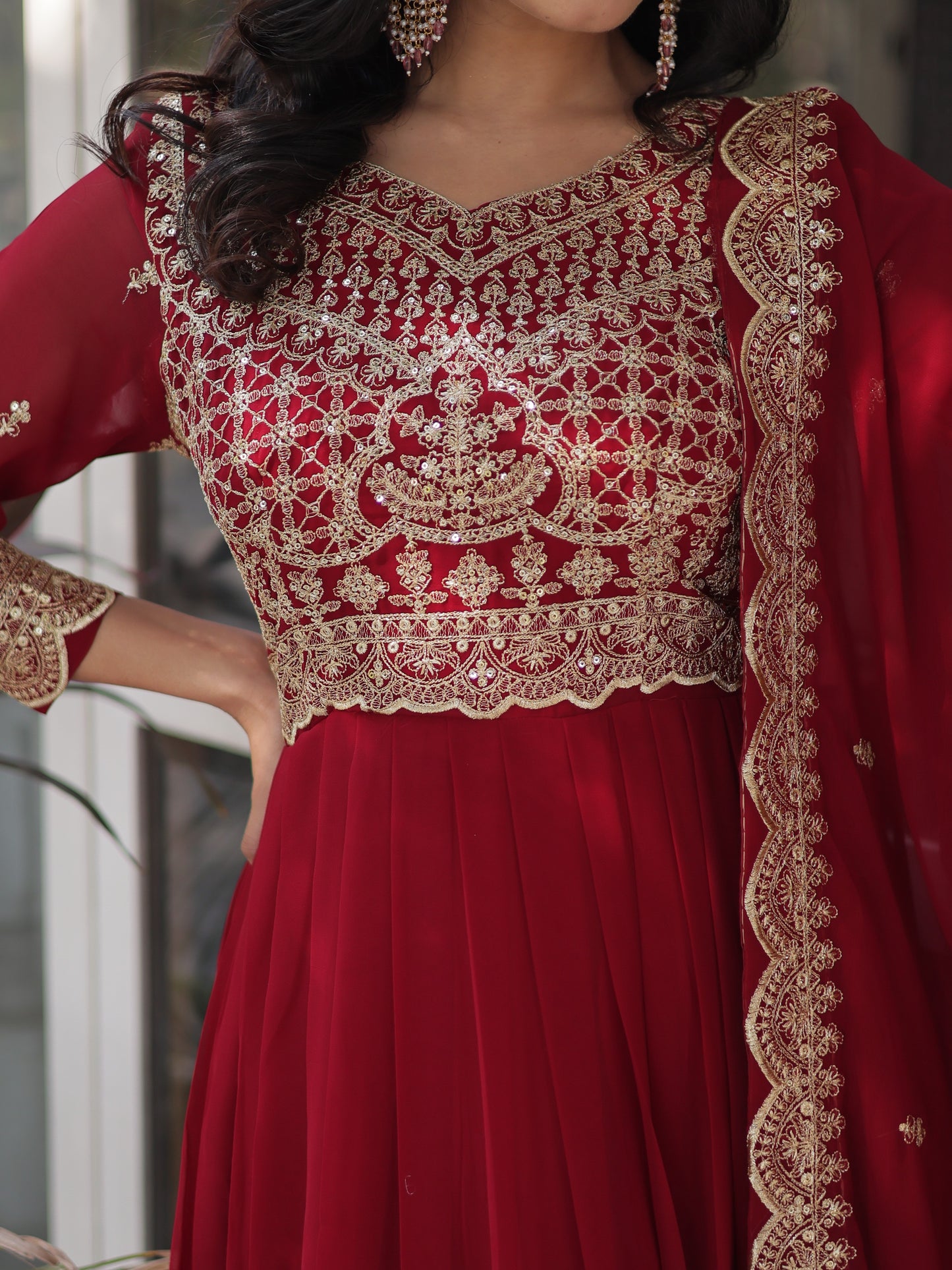 Alluring Red Zari Work Georgette Wedding Gown