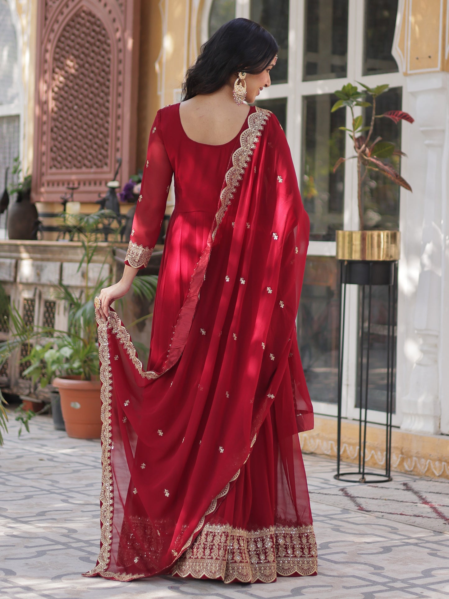 Alluring Red Zari Work Georgette Wedding Gown