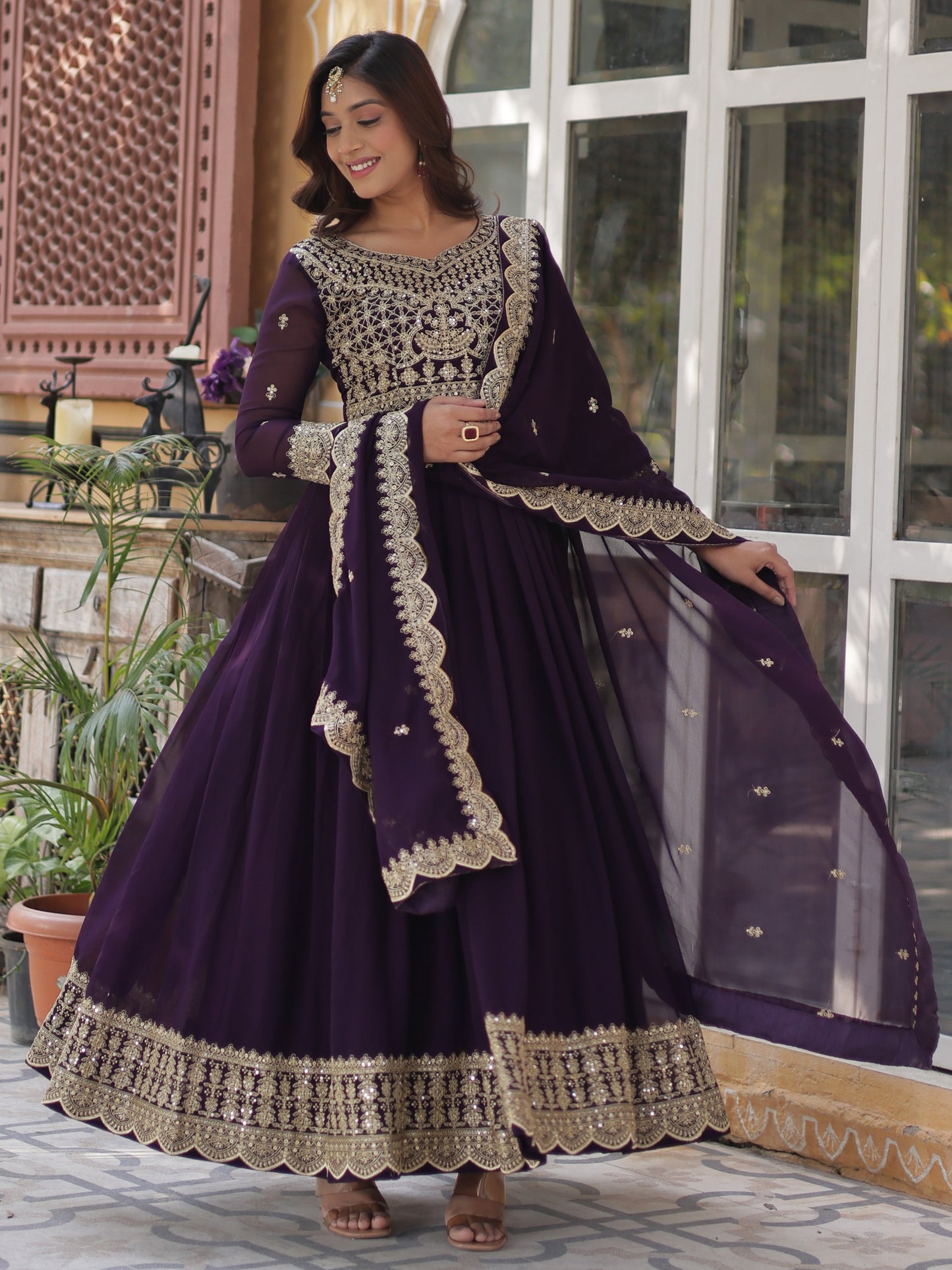 Stunning Purple Zari Work Georgette Wedding Gown