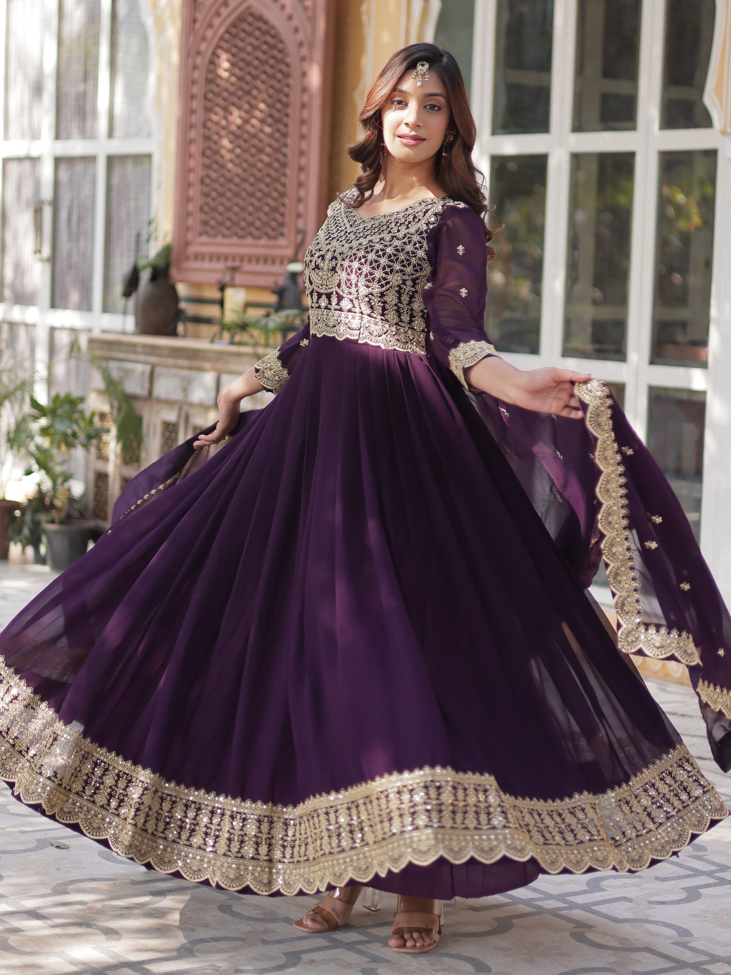 Stunning Purple Zari Work Georgette Wedding Gown