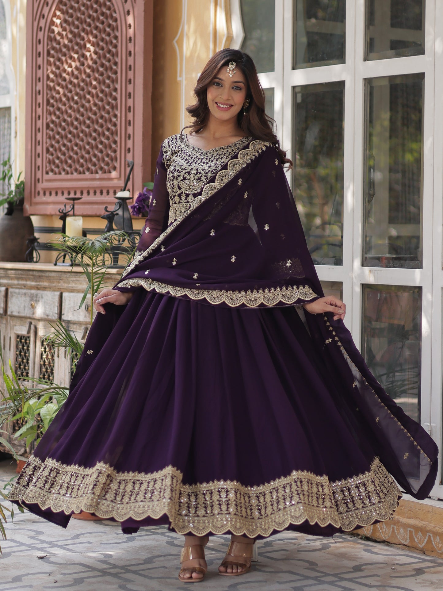 Stunning Purple Zari Work Georgette Wedding Gown