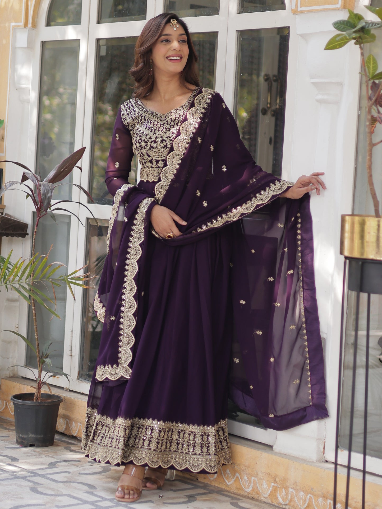 Stunning Purple Zari Work Georgette Wedding Gown