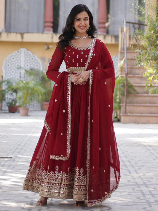 Outstanding Maroon Zari Work Georgette Festive Gown