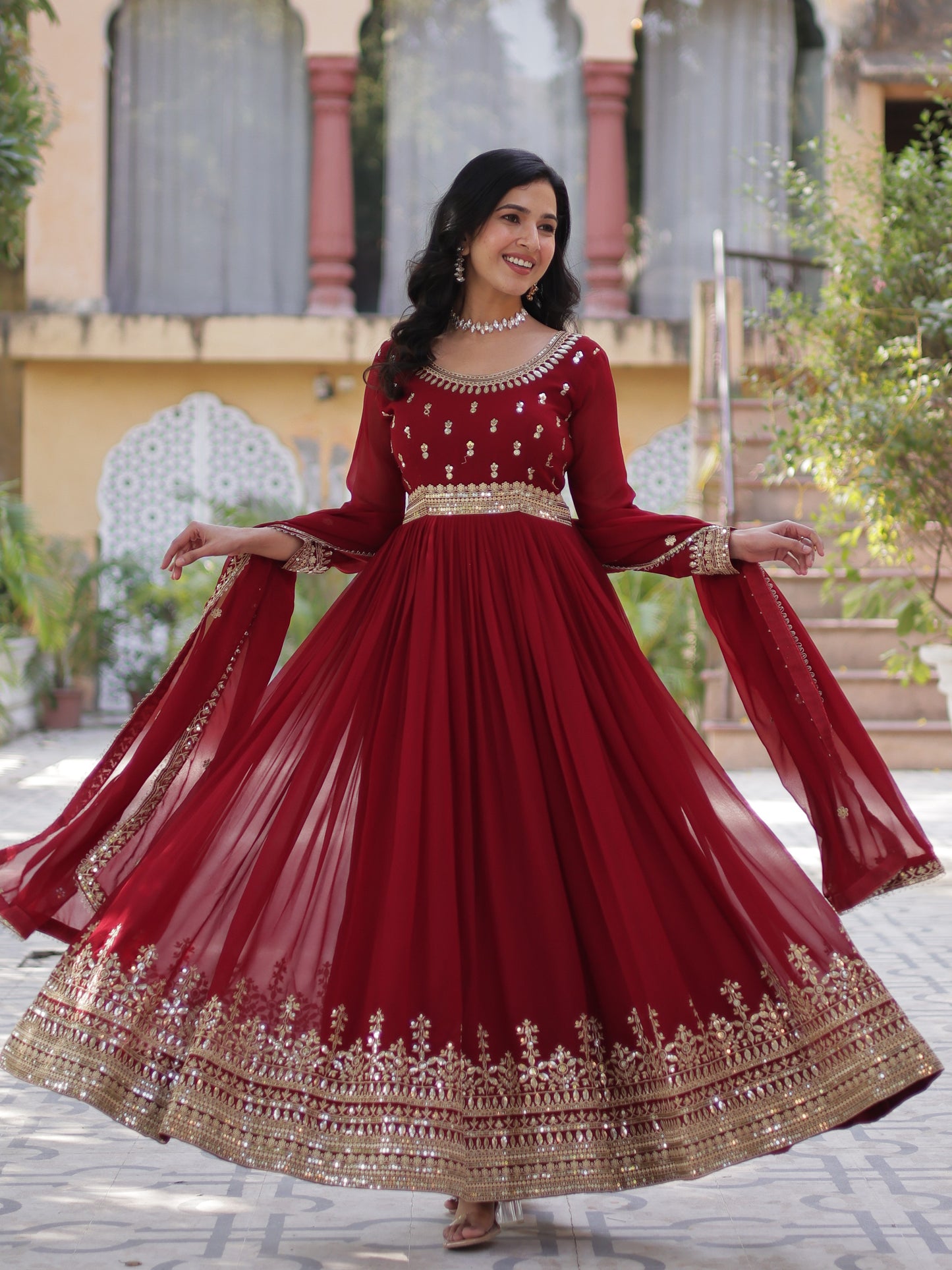 Outstanding Maroon Zari Work Georgette Festive Gown