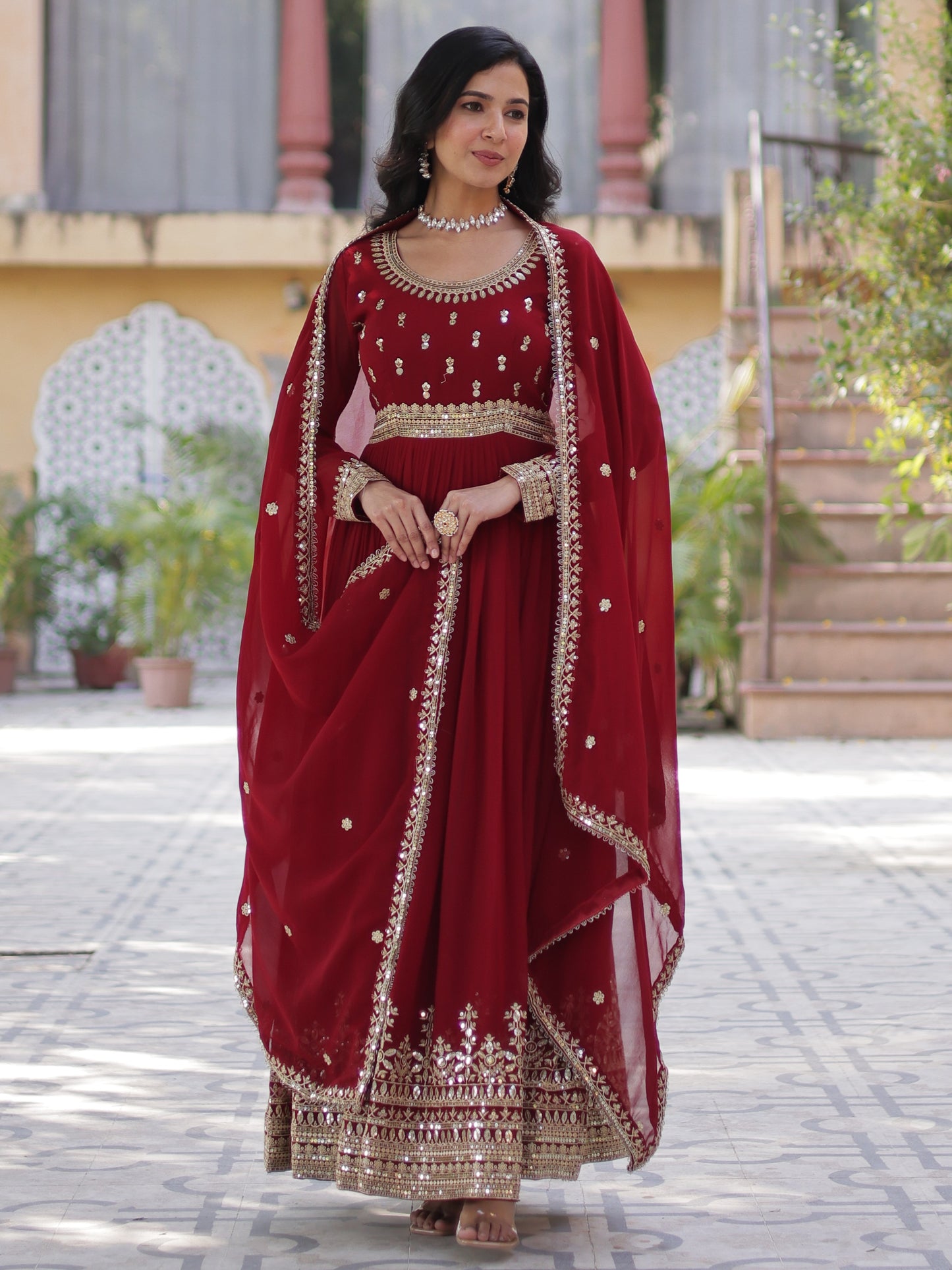 Outstanding Maroon Zari Work Georgette Festive Gown