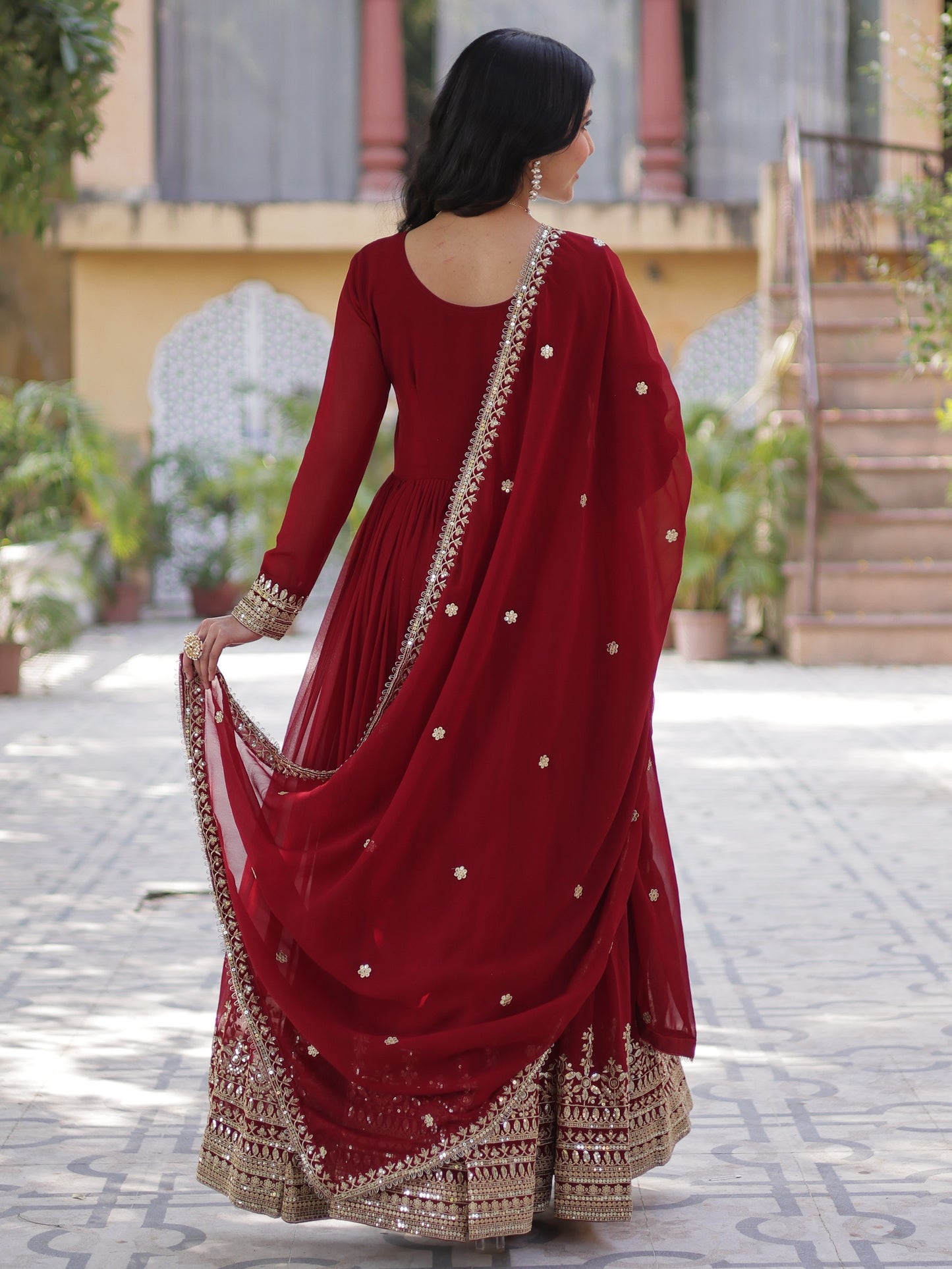 Outstanding Maroon Zari Work Georgette Festive Gown