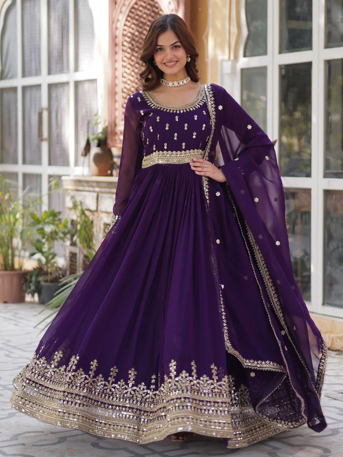 Artistic Purple Embroidered Georgette Wedding Gown