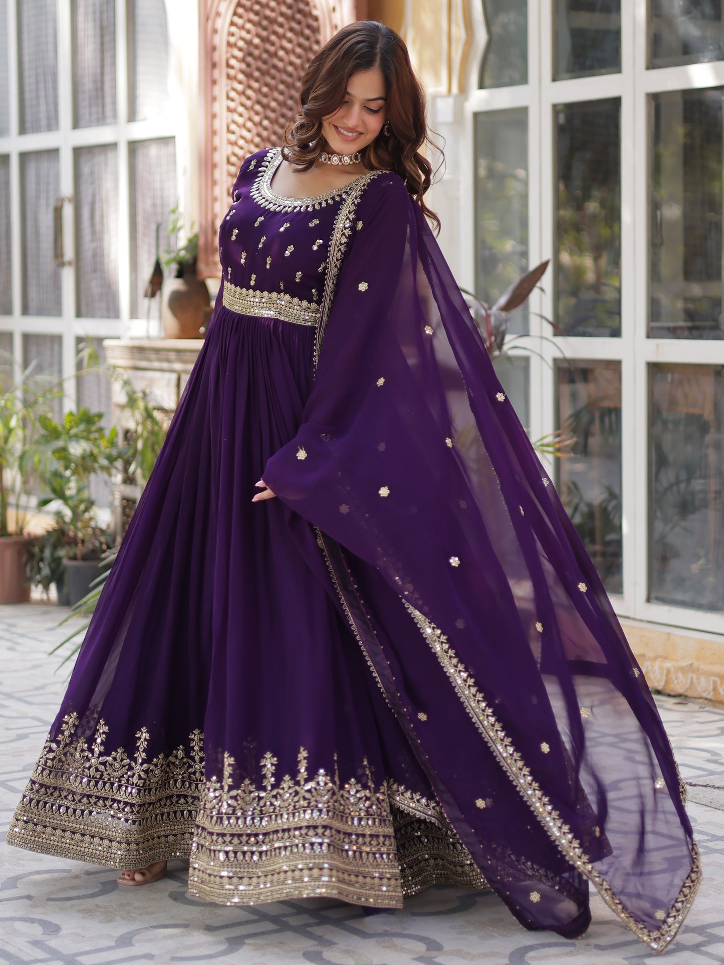 Artistic Purple Embroidered Georgette Wedding Gown